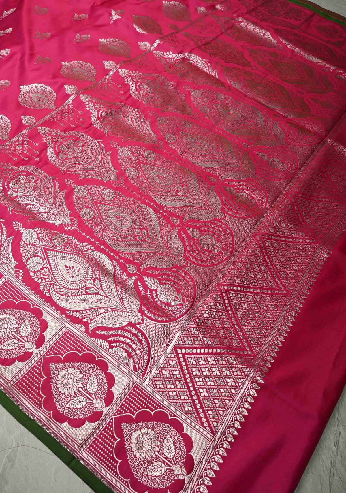 Dark Pink Banarasi Semi Mashru Silk Saree with Silver Zari Buttas and Floral Zari Border | SHOBITAM