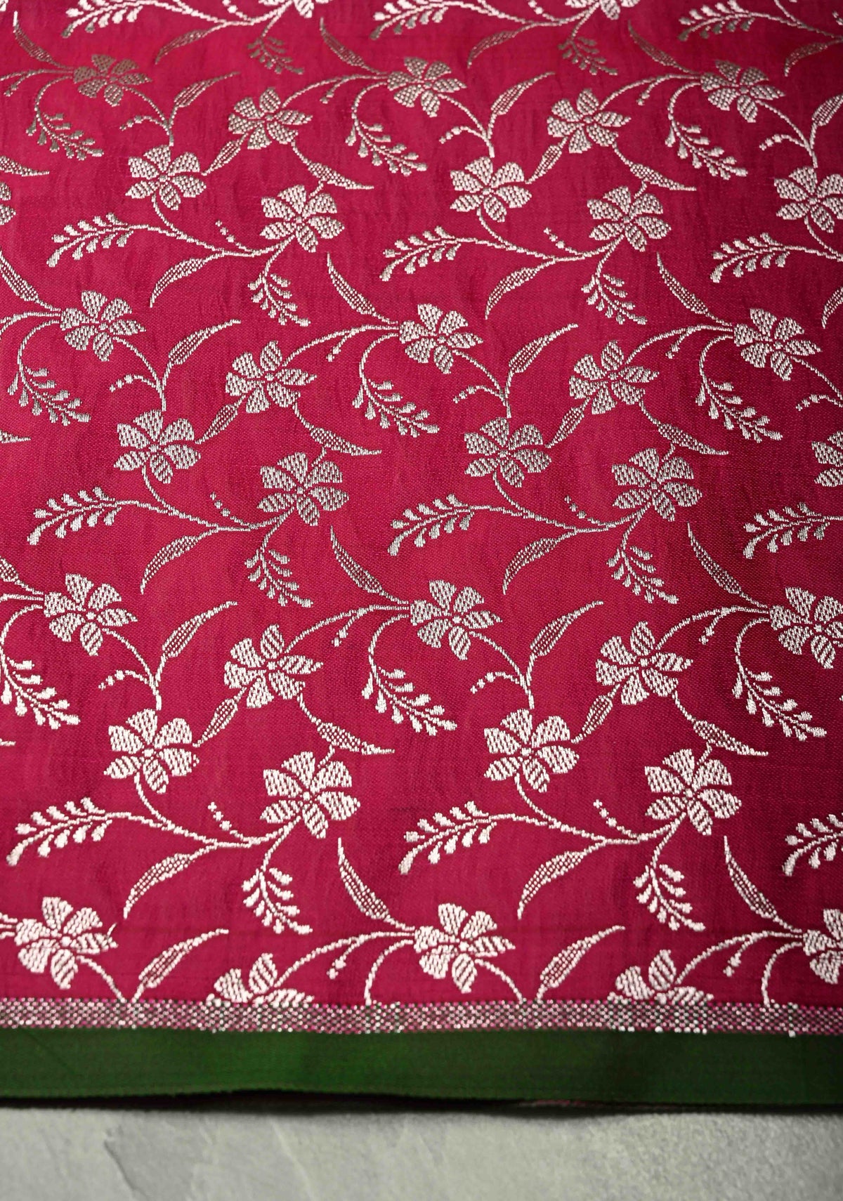 Dark Pink Banarasi Semi Mashru Silk Saree with Silver Zari Buttas and Floral Zari Border | SHOBITAM