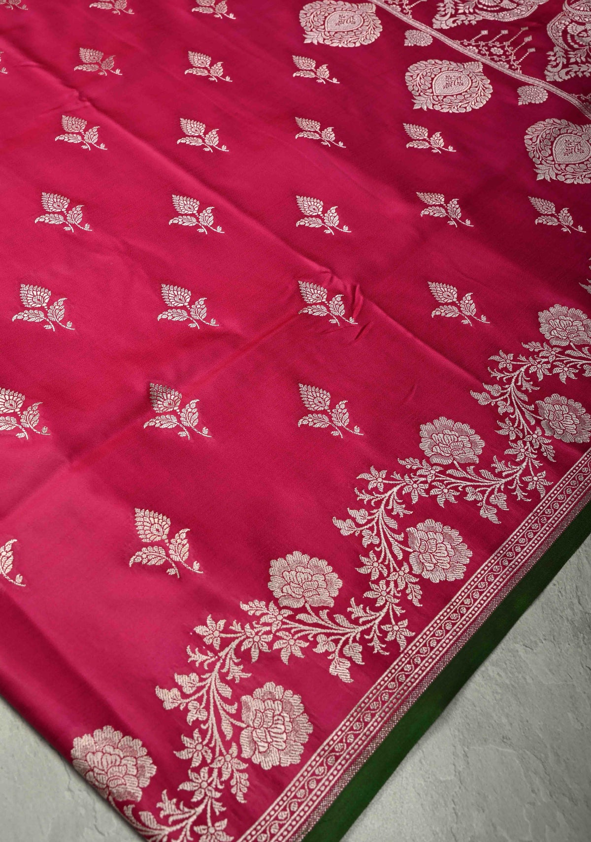 Dark Pink Banarasi Semi Mashru Silk Saree with Silver Zari Buttas and Floral Zari Border | SHOBITAM