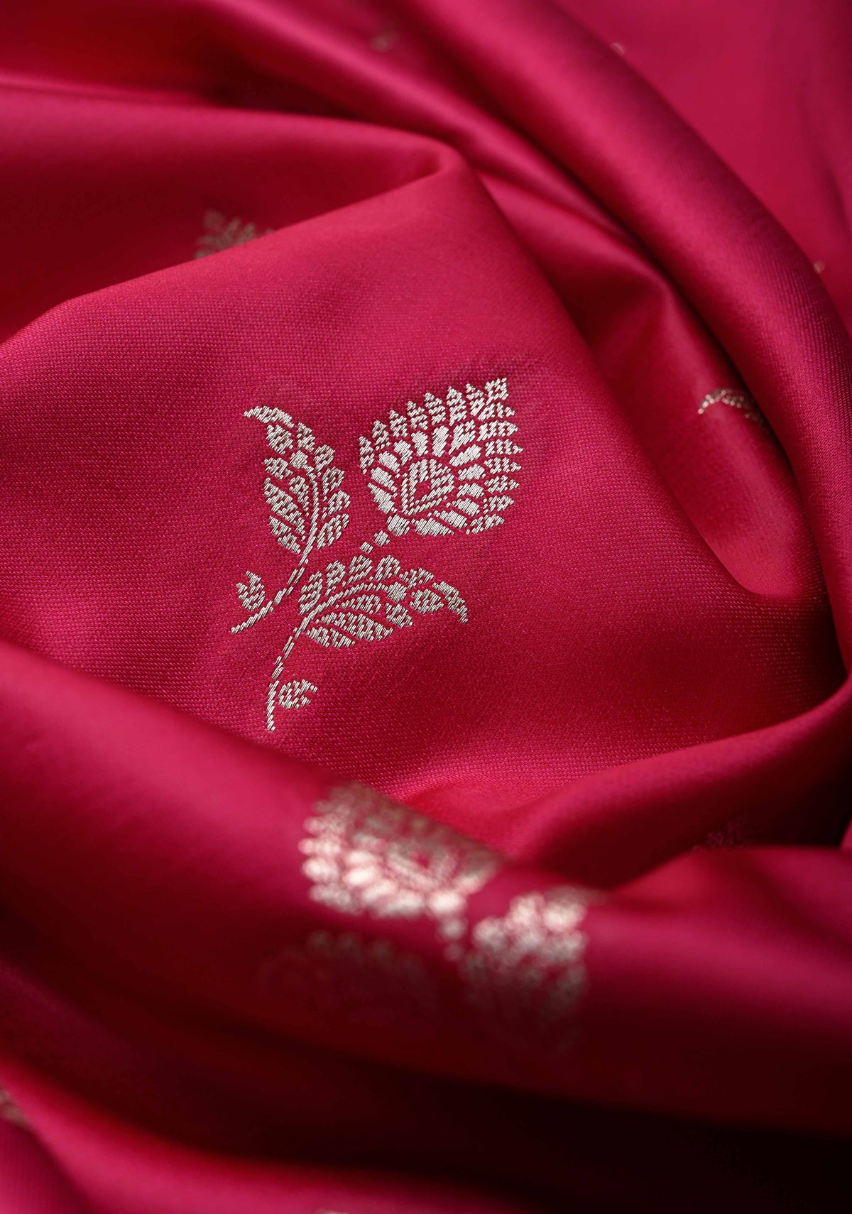 Dark Pink Banarasi Semi Mashru Silk Saree with Silver Zari Buttas and Floral Zari Border | SHOBITAM