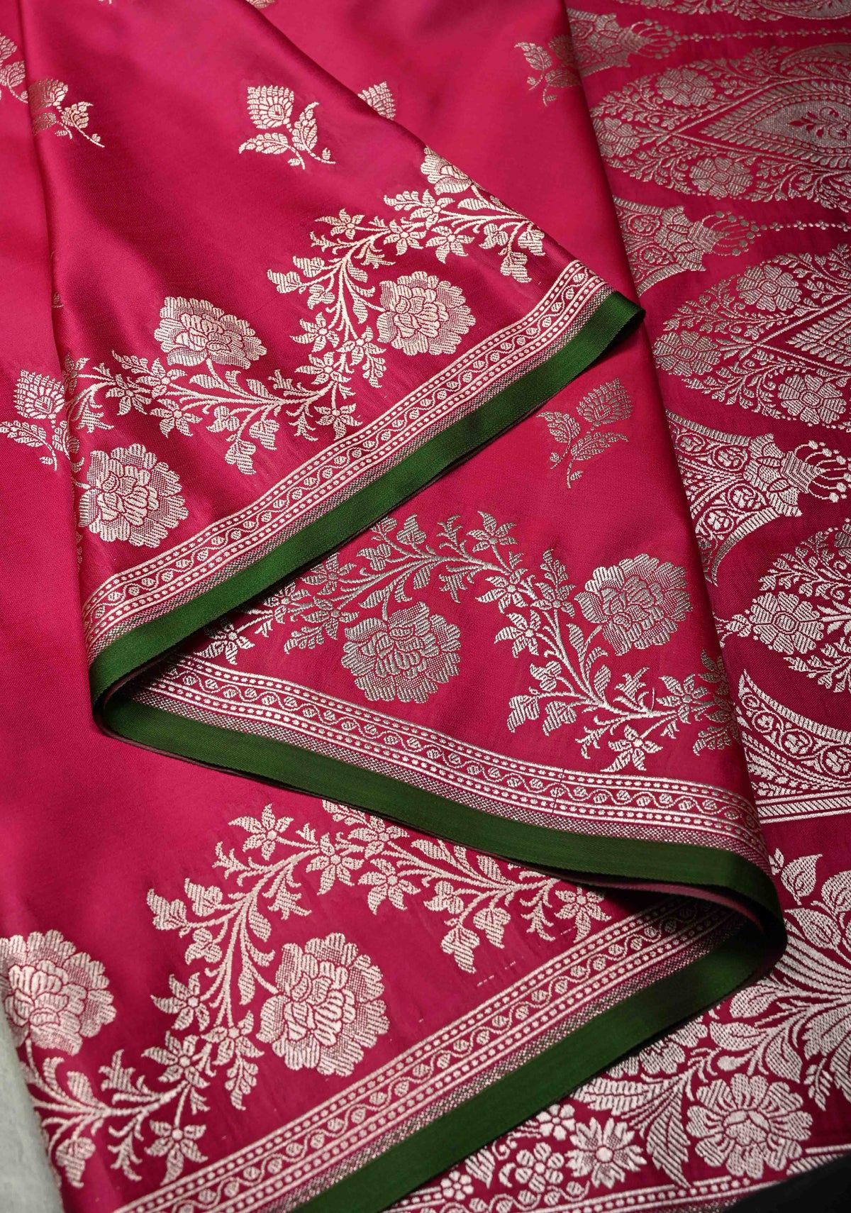 Dark Pink Banarasi Semi Mashru Silk Saree with Silver Zari Buttas and Floral Zari Border | SHOBITAM