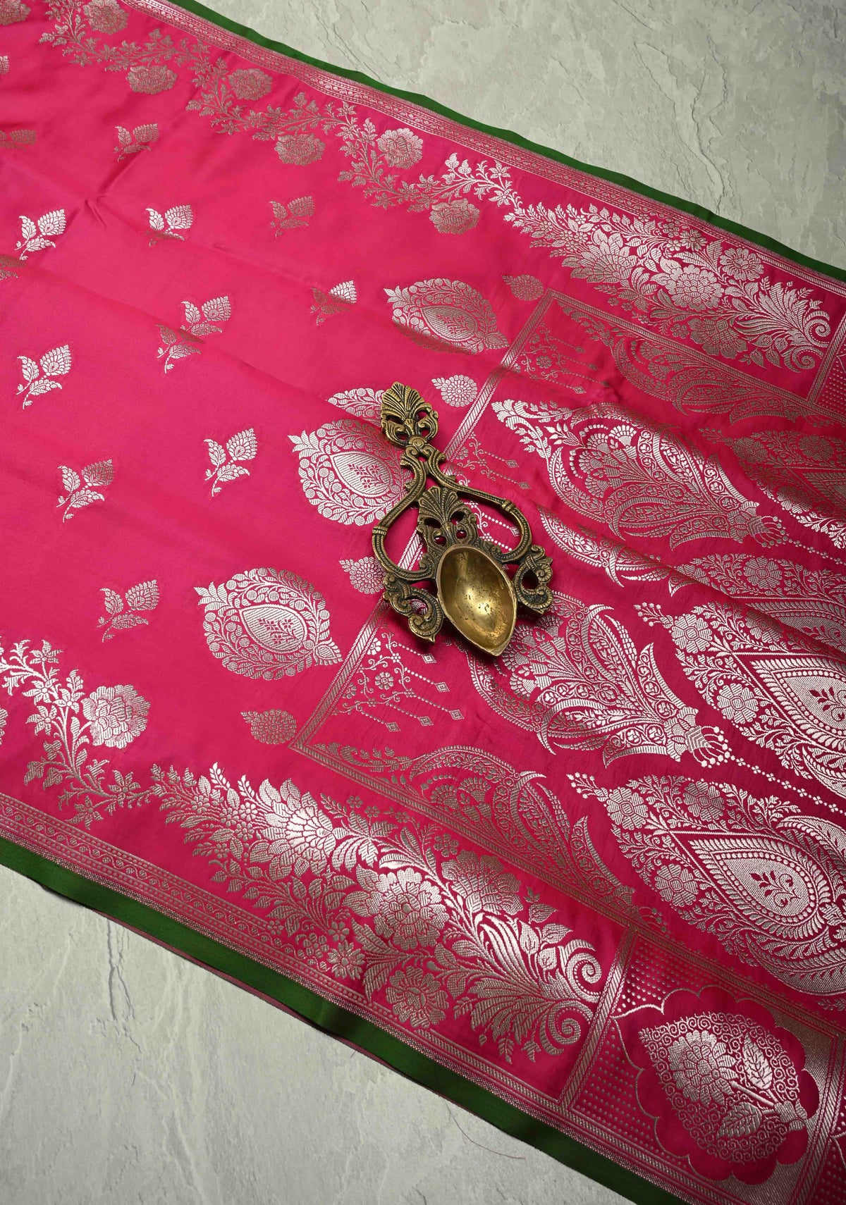 Dark Pink Banarasi Semi Mashru Silk Saree with Silver Zari Buttas and Floral Zari Border | SHOBITAM