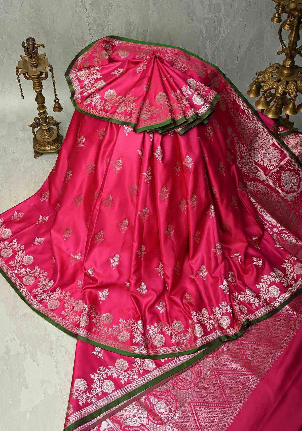 Dark Pink Banarasi Semi Mashru Silk Saree with Silver Zari Buttas and Floral Zari Border | SHOBITAM