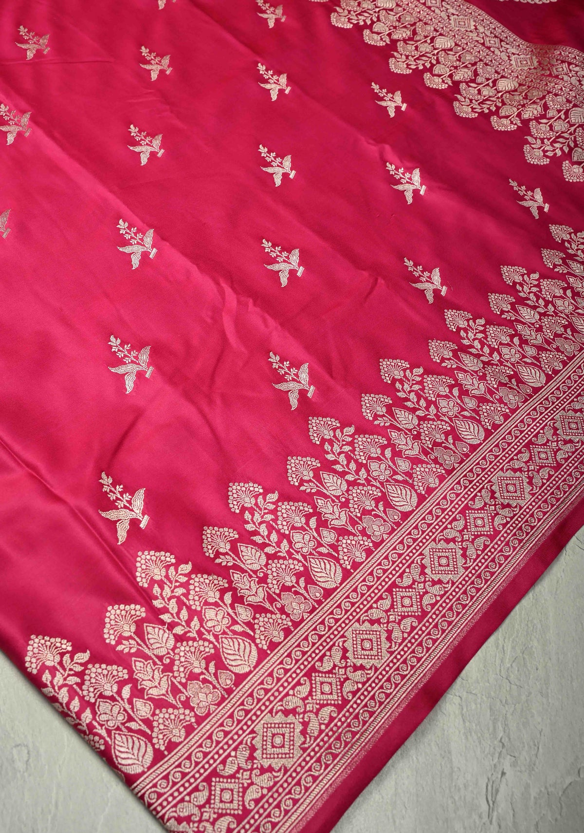 Rani Pink Banarasi Semi Mashru Silk Saree with Floral Silver Zari Buttas and Zari Border | SHOBITAM