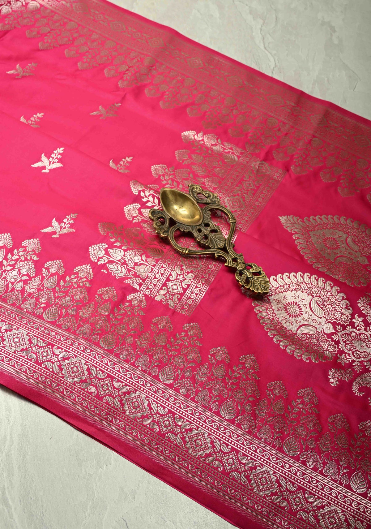 Rani Pink Banarasi Semi Mashru Silk Saree with Floral Silver Zari Buttas and Zari Border | SHOBITAM