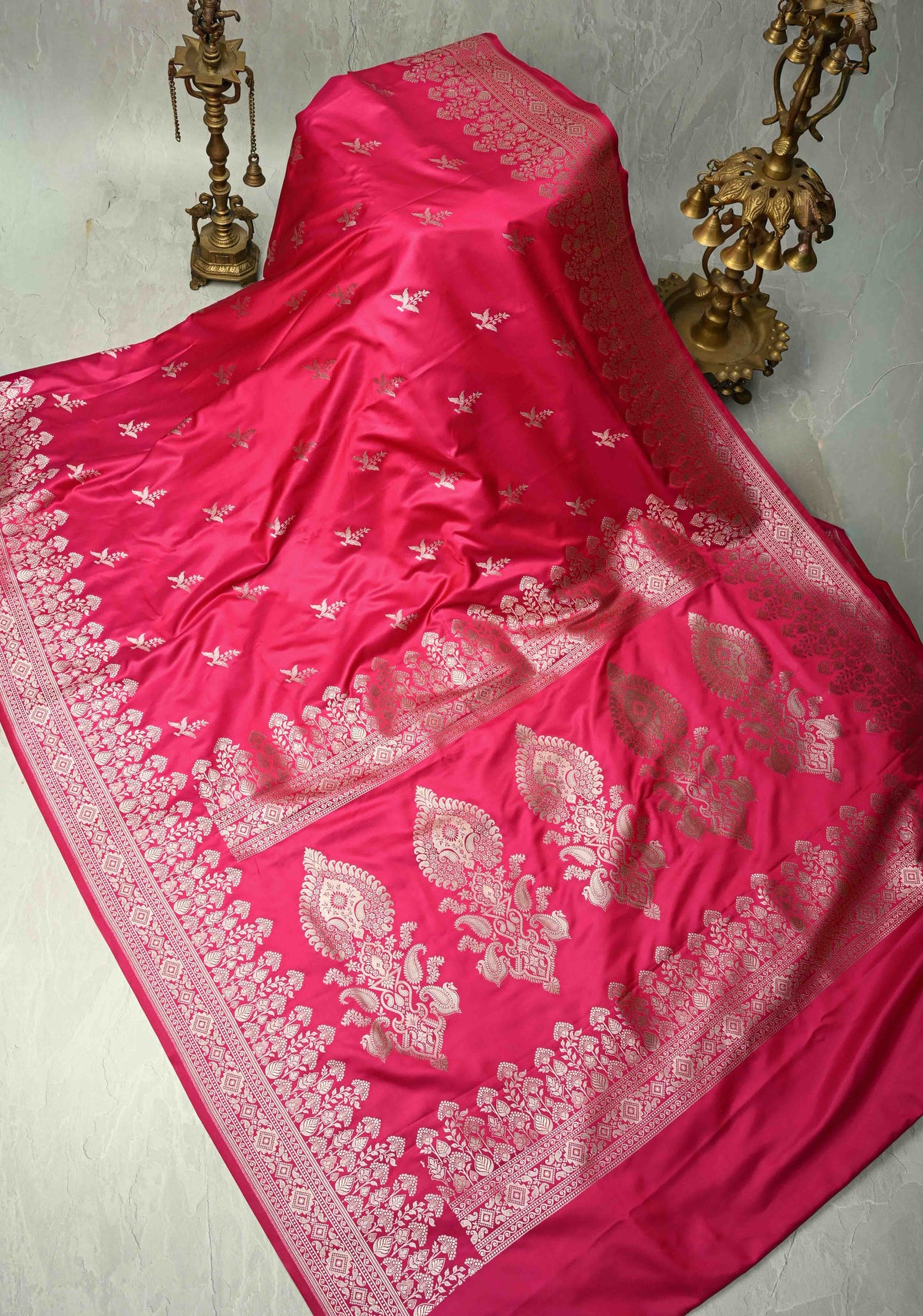 Rani Pink Banarasi Semi Mashru Silk Saree with Floral Silver Zari Buttas and Zari Border | SHOBITAM