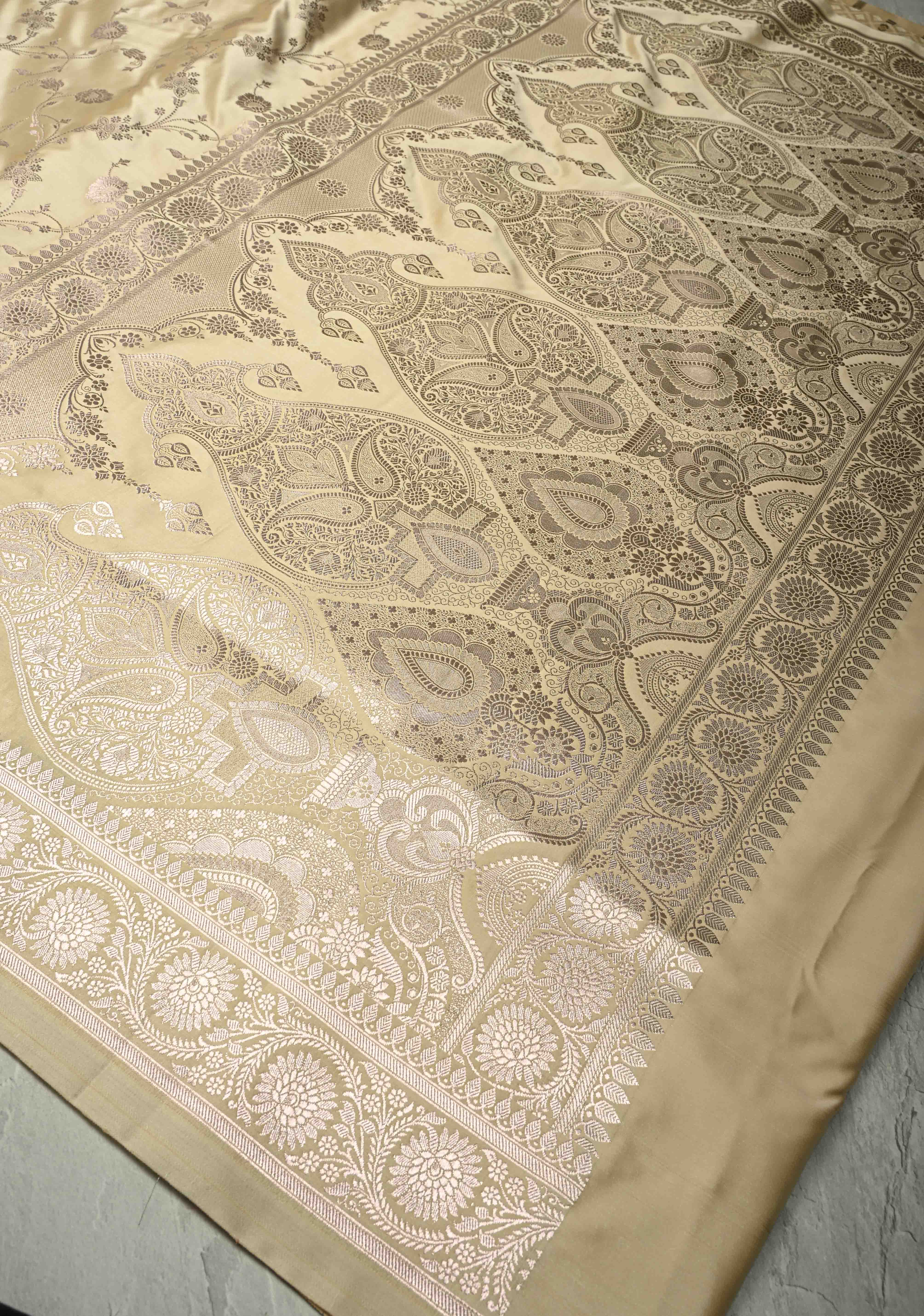 Champagne Banarasi Semi Mashru Silk Saree with Floral Jaal and Zari Border | Shobitam