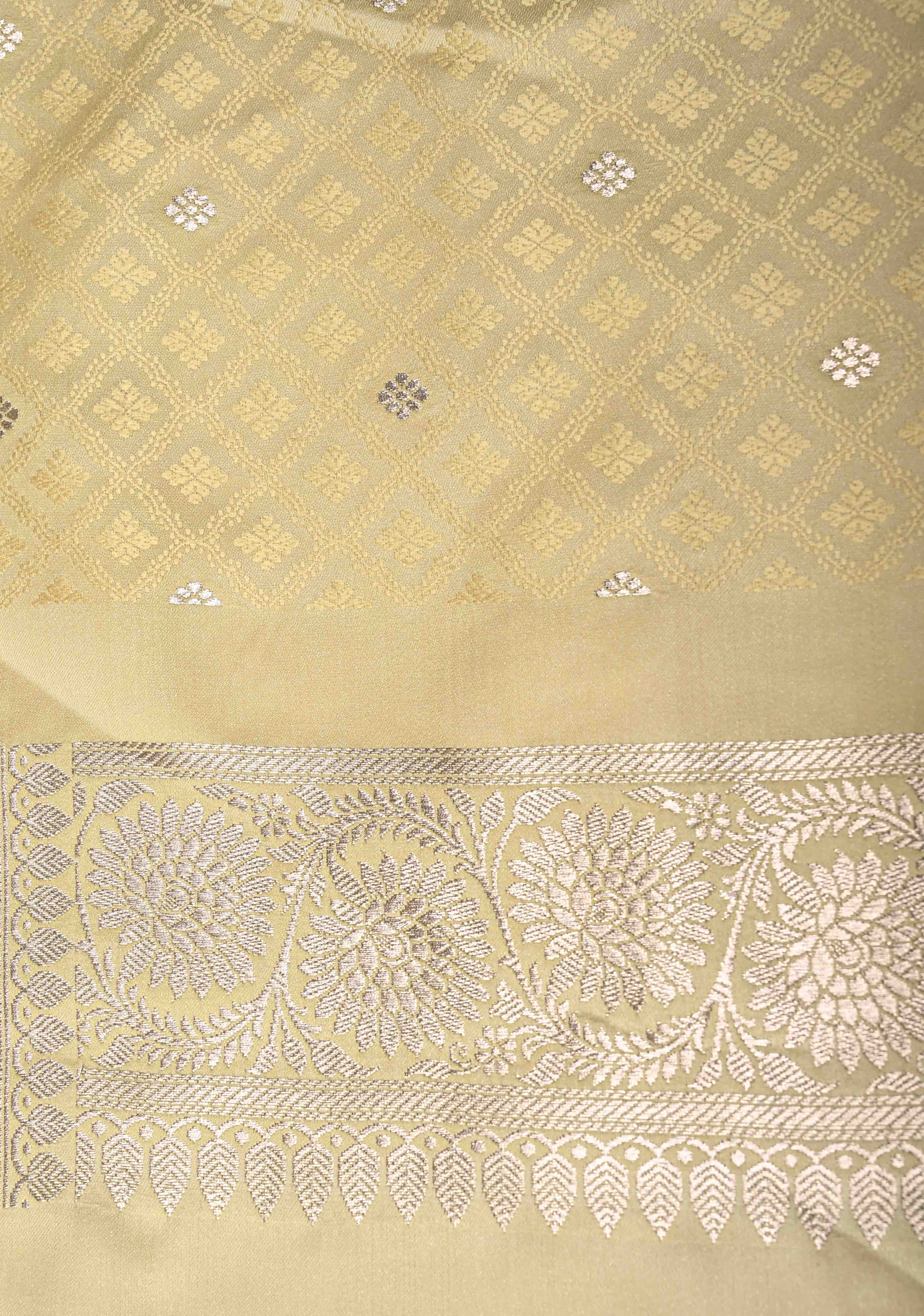 Champagne Banarasi Semi Mashru Silk Saree with Floral Jaal and Zari Border | Shobitam