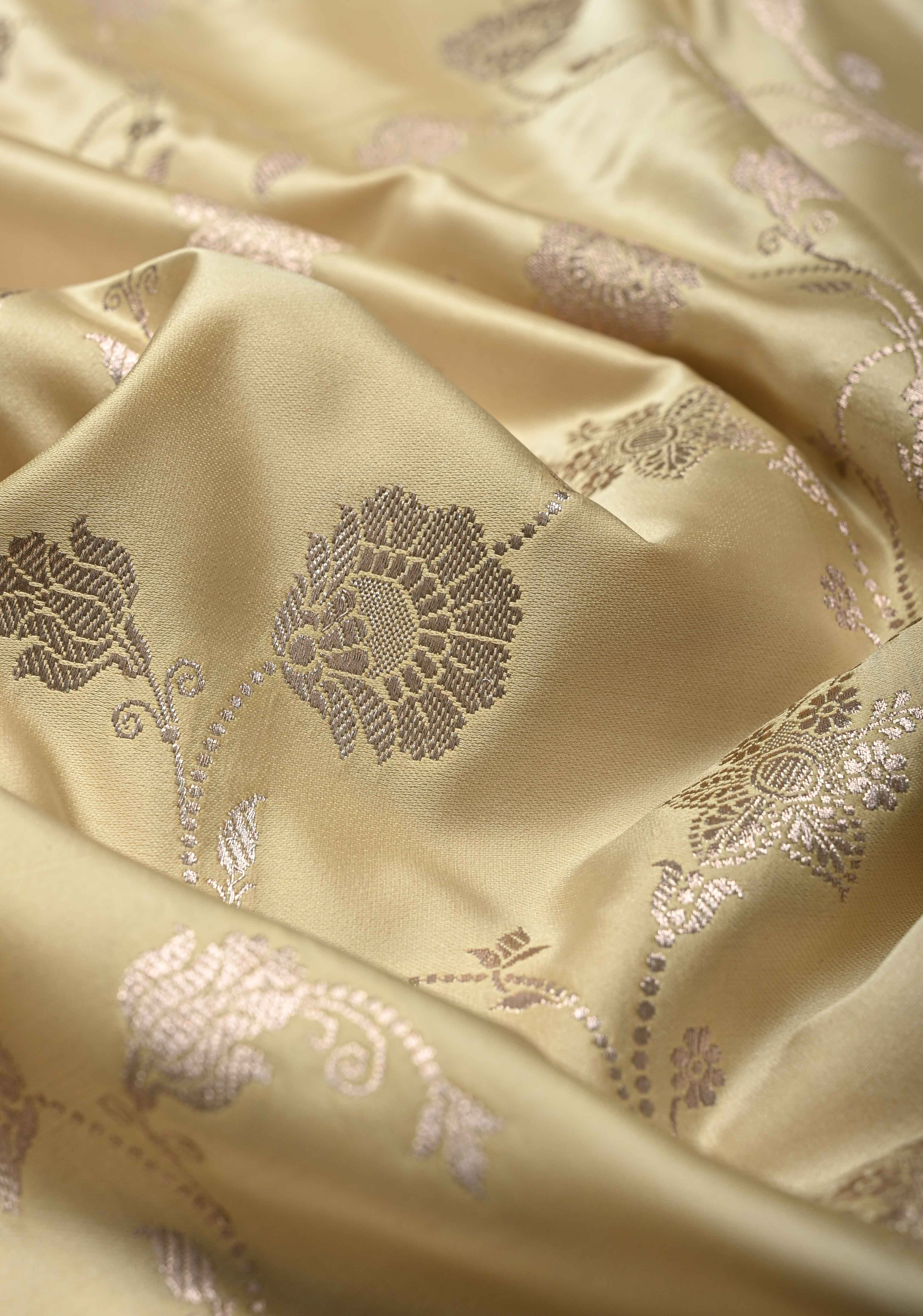 Champagne Banarasi Semi Mashru Silk Saree with Floral Jaal and Zari Border | Shobitam