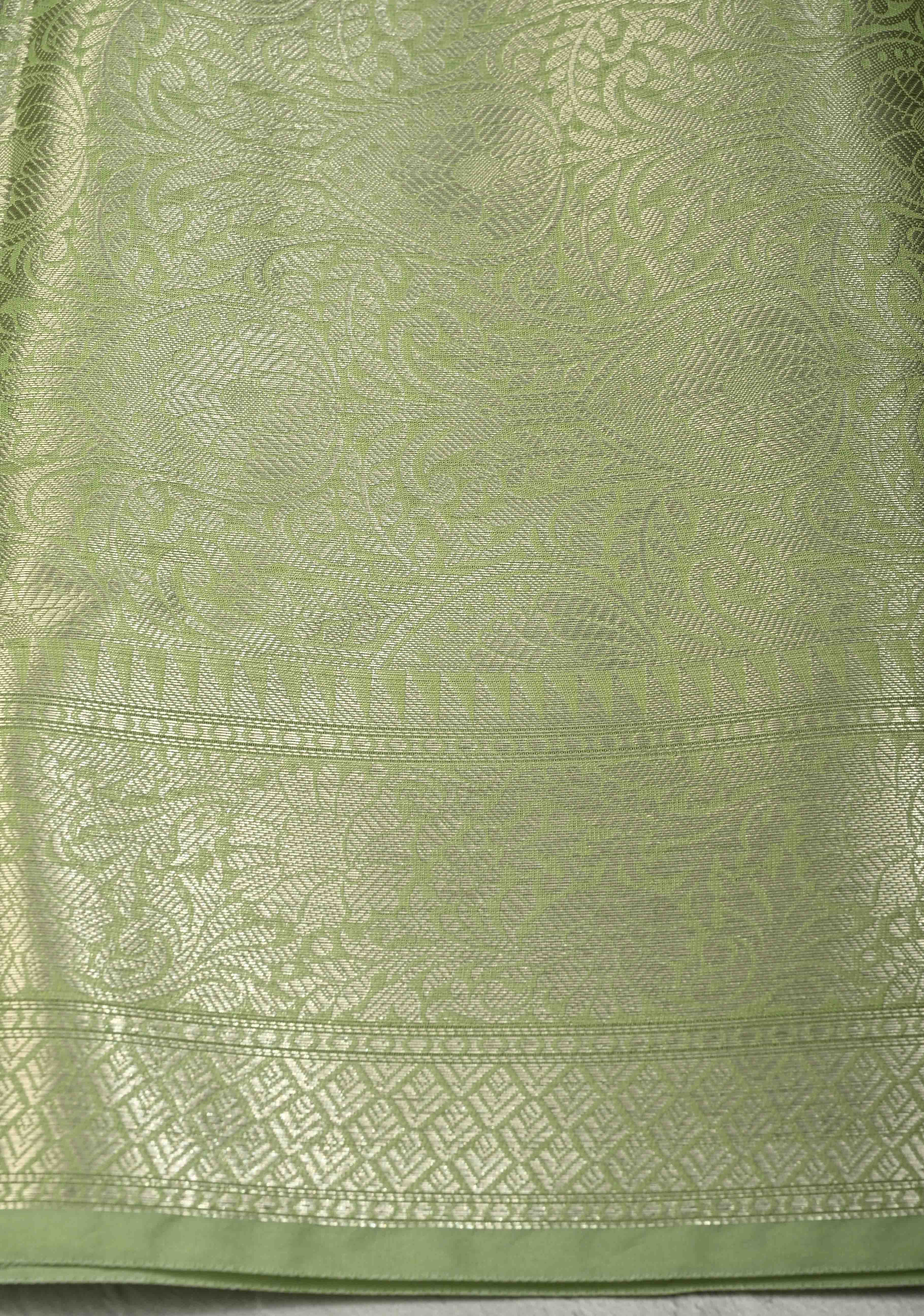 Pista Green Banarasi Semi Kora Saree with Silver Zari Buttas and Zari Border | Shobitam