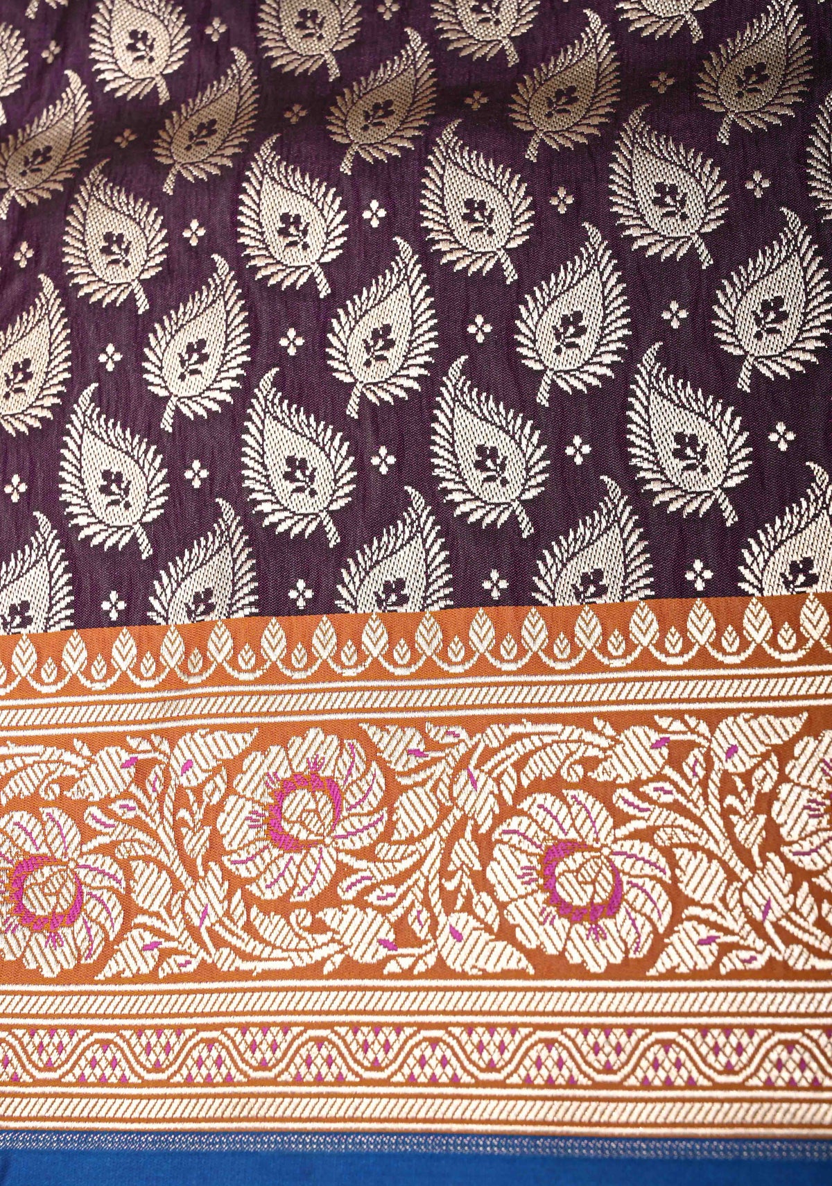Deep Aubergine  Meenakari Accents Semi Mashru Silk Saree with Floral Jaal and Zari Border | SHOBITAM