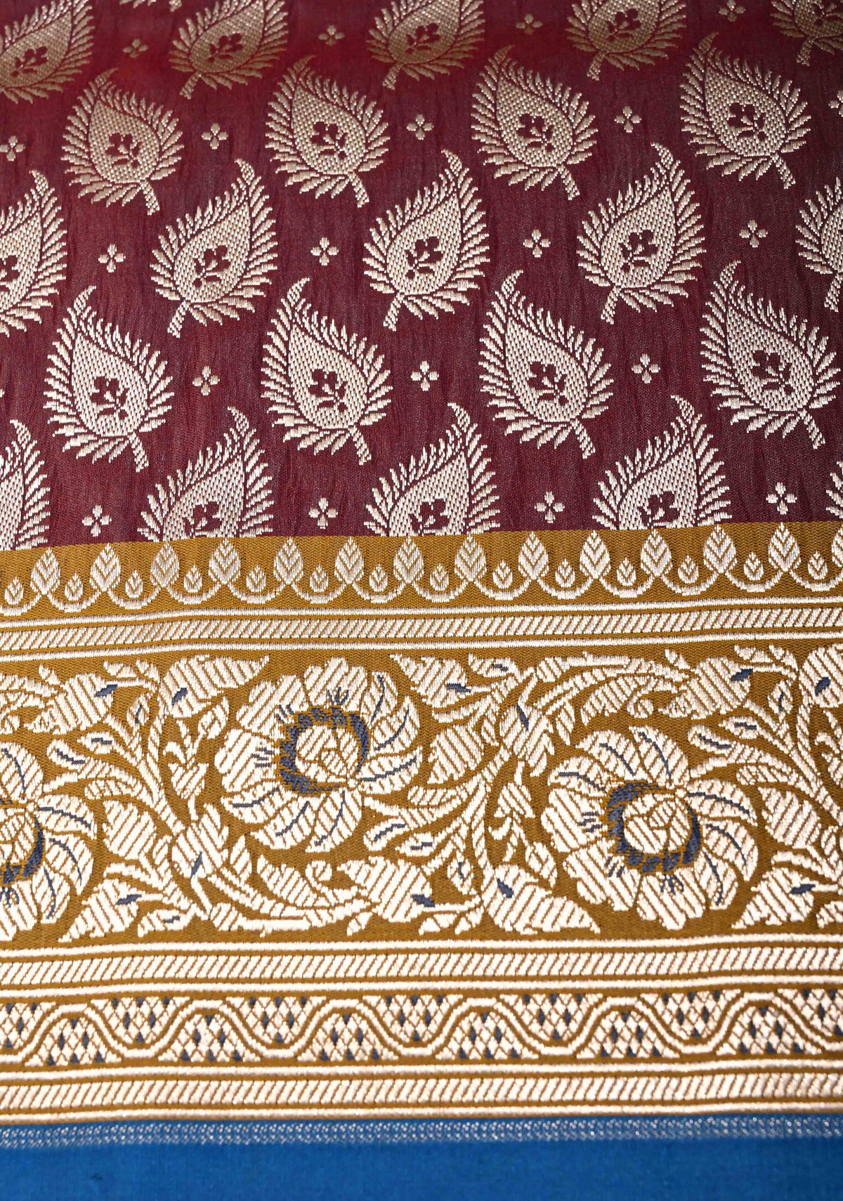 Wine Maroon Semi Mashru Silk Saree with Floral Jaal and Zari Border | SHOBITAM