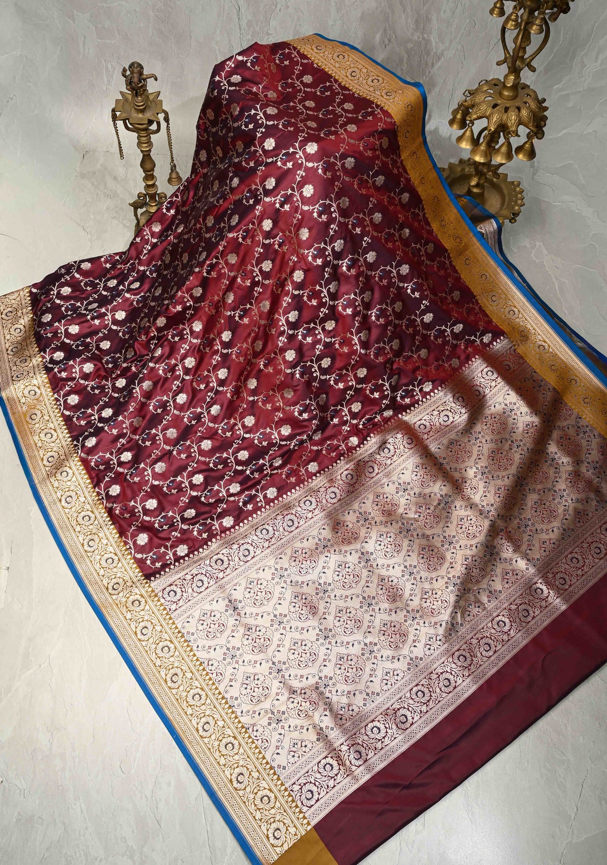 Wine Maroon Semi Mashru Silk Saree with Floral Jaal and Zari Border | SHOBITAM