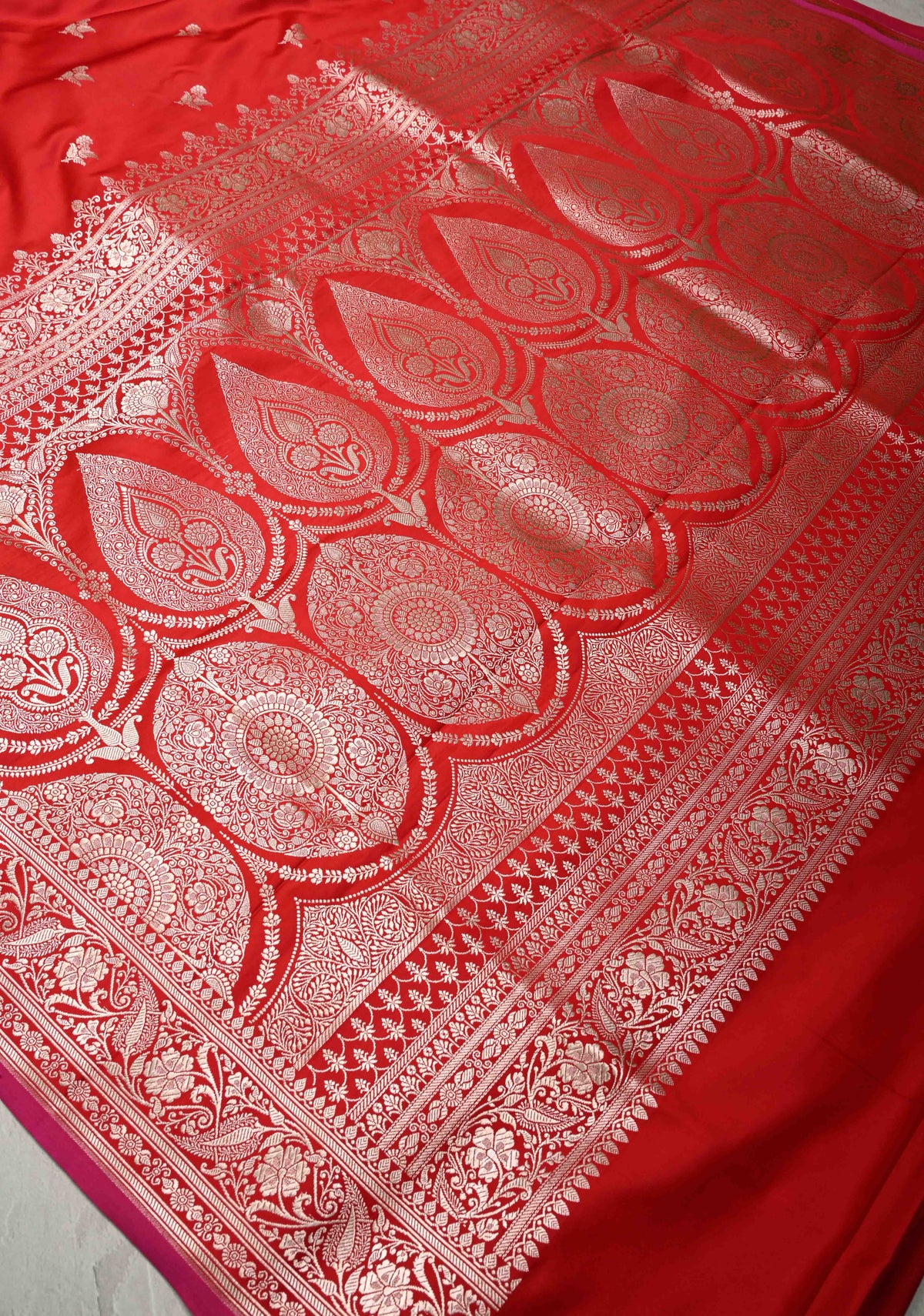 Blood Red Banarasi Semi Mashru Silk Saree with Silver Floral Zari Buttas and Zari Border | SHOBITAM