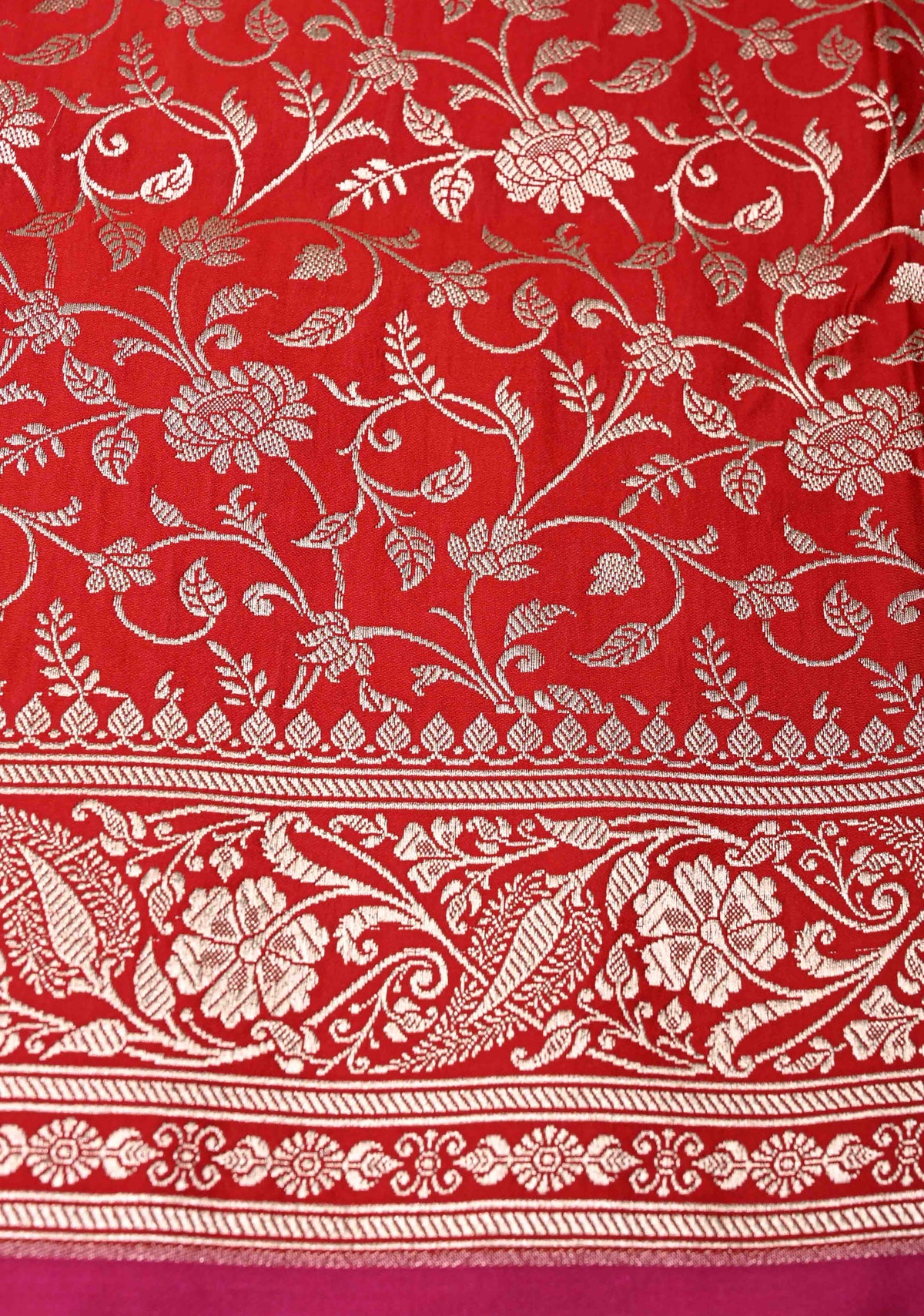 Blood Red Banarasi Semi Mashru Silk Saree with Silver Floral Zari Buttas and Zari Border | SHOBITAM