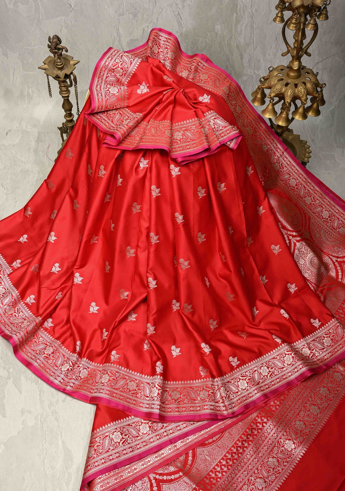 Blood Red Banarasi Semi Mashru Silk Saree with Silver Floral Zari Buttas and Zari Border | SHOBITAM