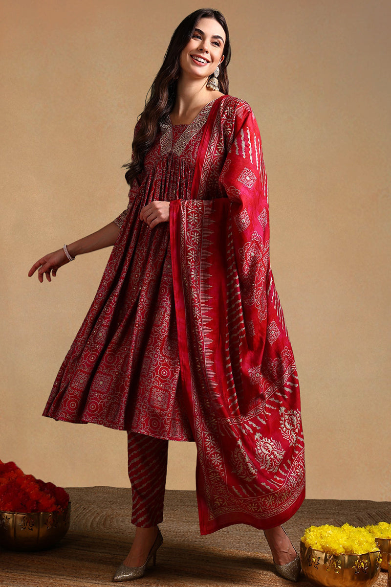 Maroon Silk Blend Ethnic Motifs Printed Flared Suit Set | SHOBITAM