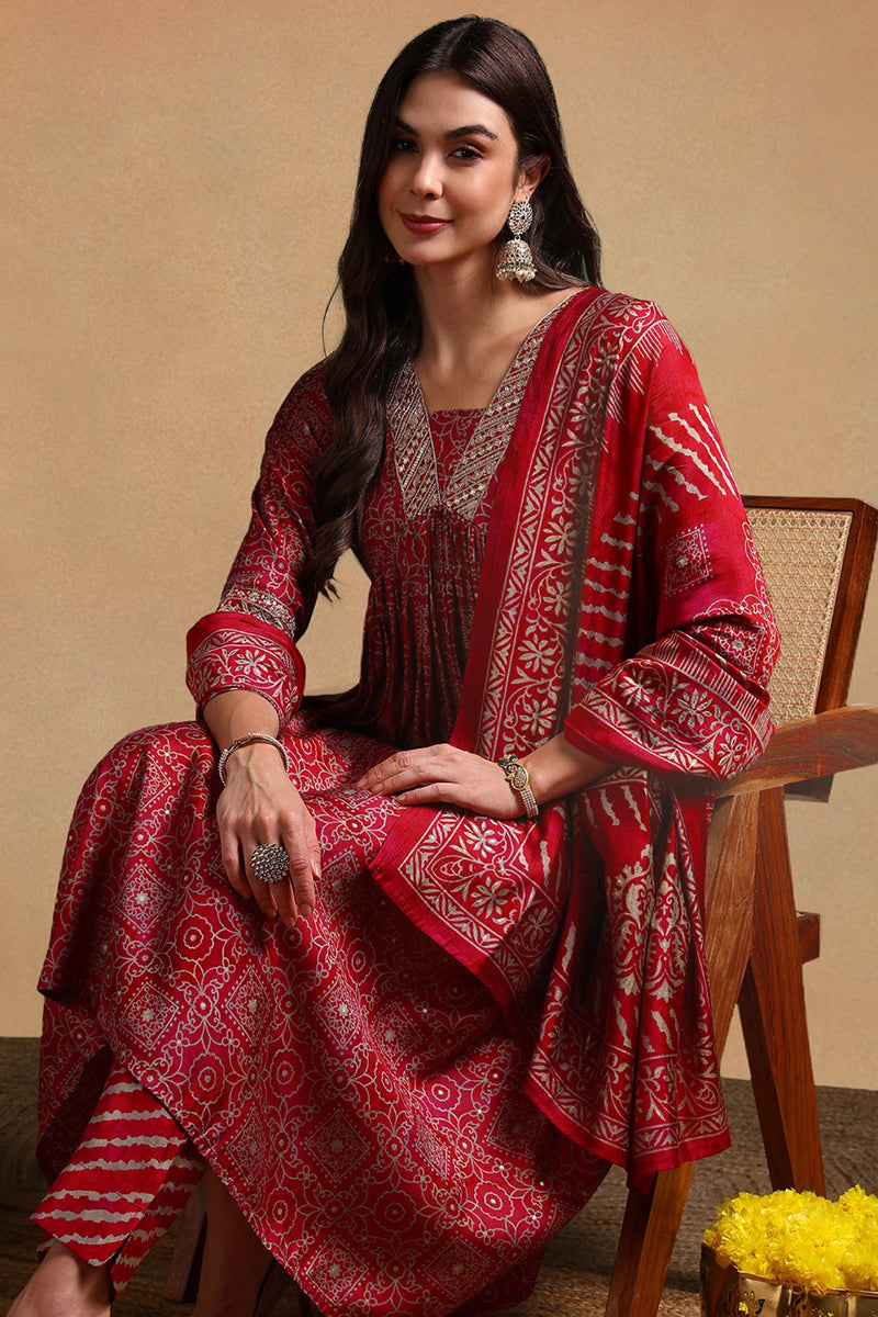 Maroon Silk Blend Ethnic Motifs Printed Flared Suit Set | SHOBITAM