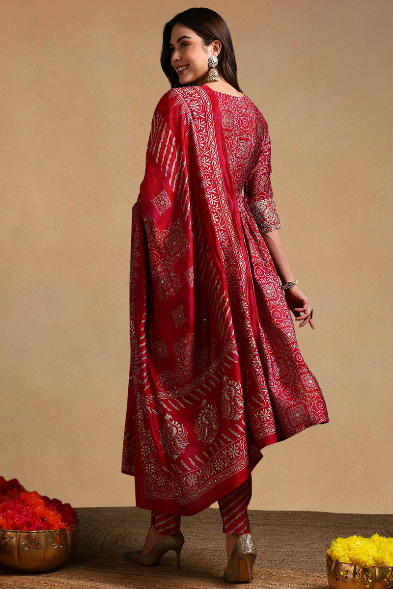 Maroon Silk Blend Ethnic Motifs Printed Flared Suit Set | SHOBITAM