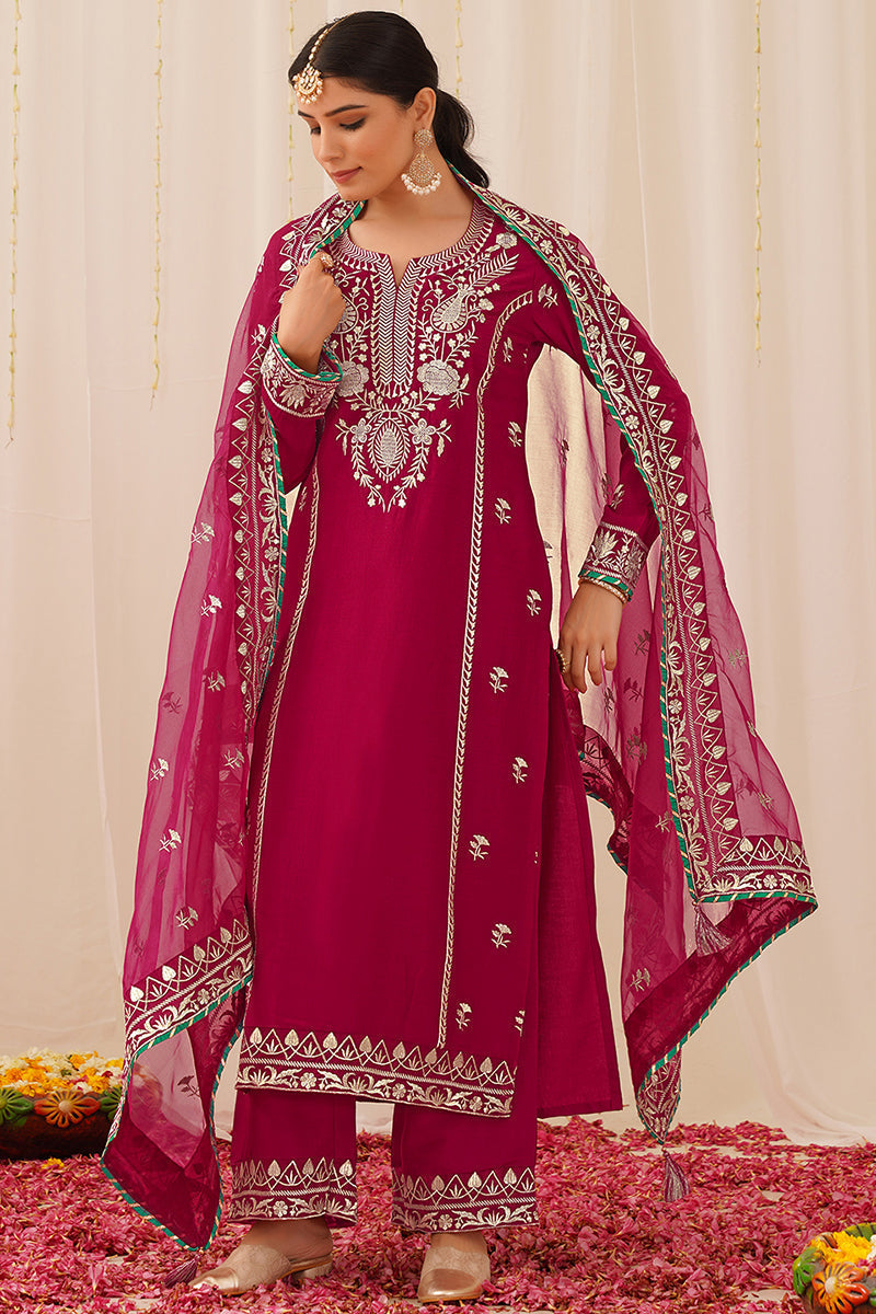 Pink Silk Blend Solid Yoke Design Straight Palazzo Suit Set | SHOBITAM
