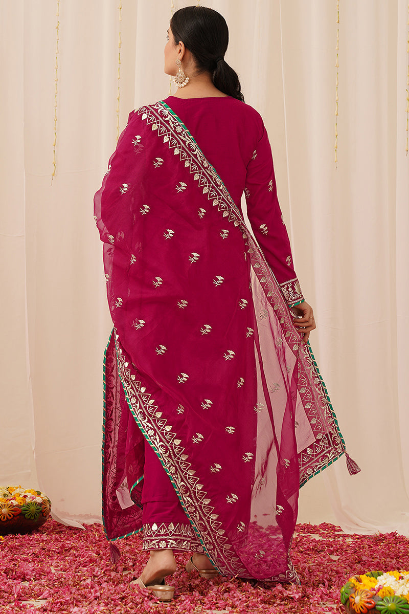 Pink Silk Blend Solid Yoke Design Straight Palazzo Suit Set | SHOBITAM
