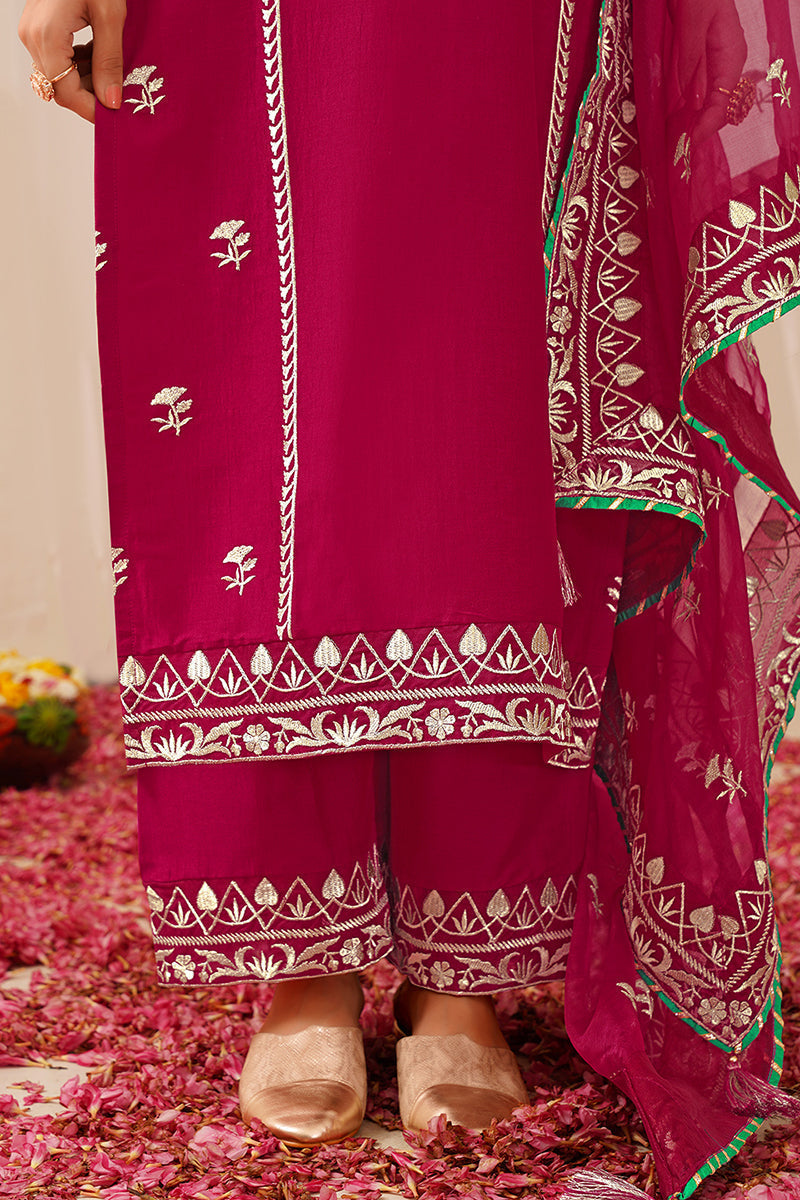 Pink Silk Blend Solid Yoke Design Straight Palazzo Suit Set | SHOBITAM