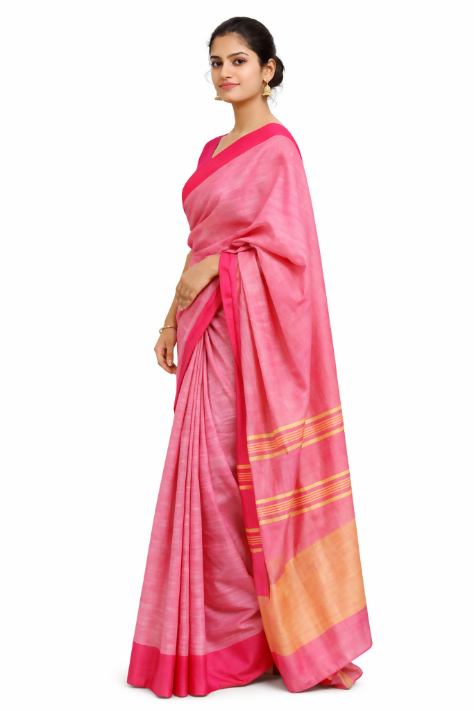 Blush Pink Pure cotton Saree with Yellow Stripes  | SHOBITAM
