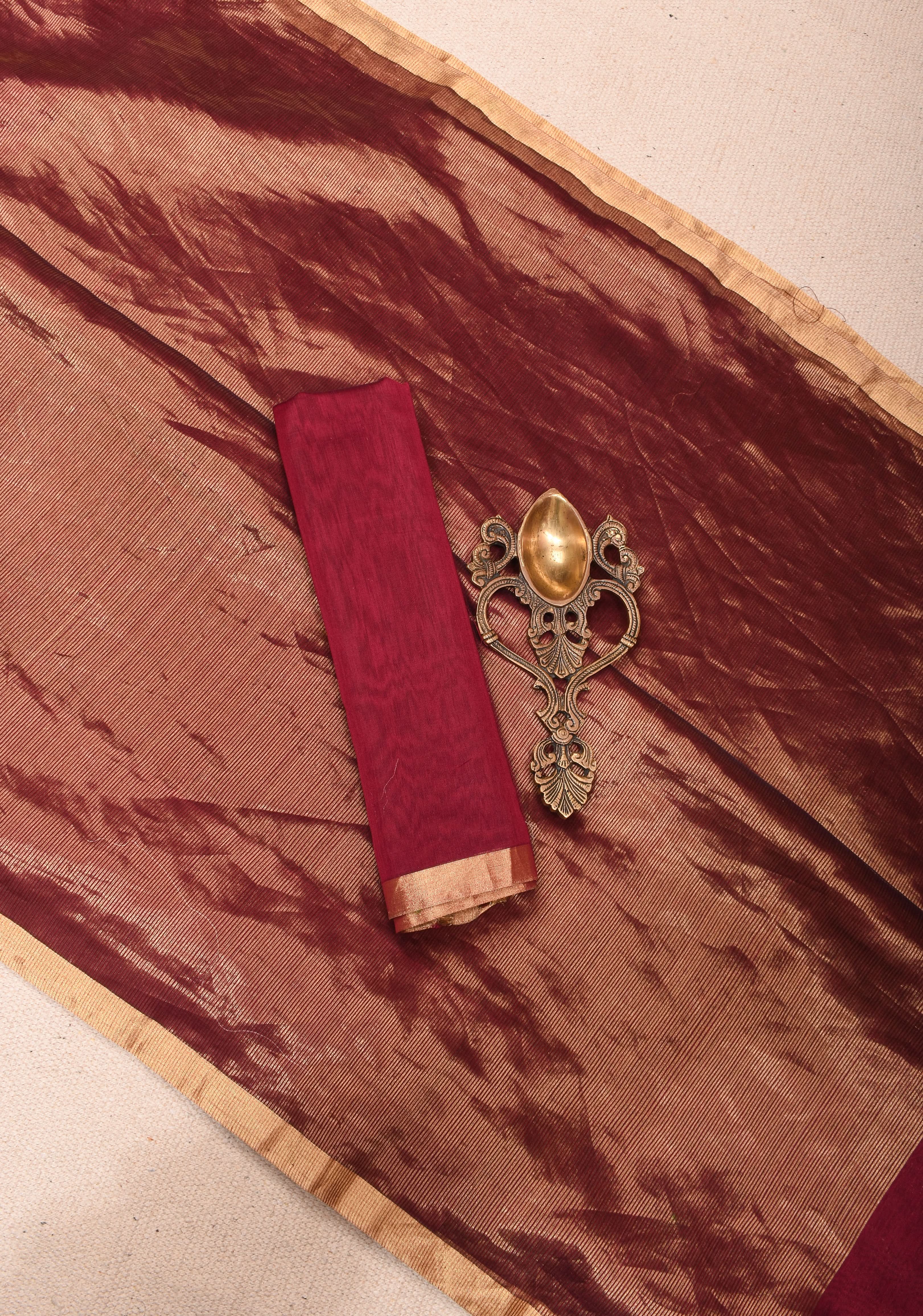 Exquisite Half and Half Maroon and Zari Tissue Maheshwari Silk Cotton Saree | Shobitam