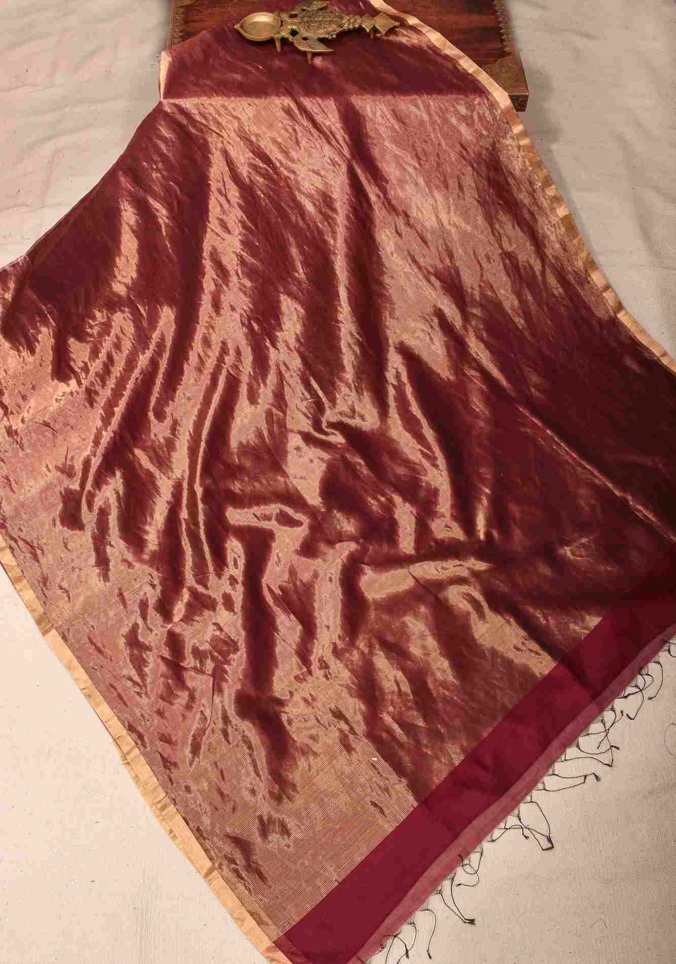 Pre drape Exquisite Half and Half Maroon and Zari Tissue Maheshwari Silk Cotton Saree