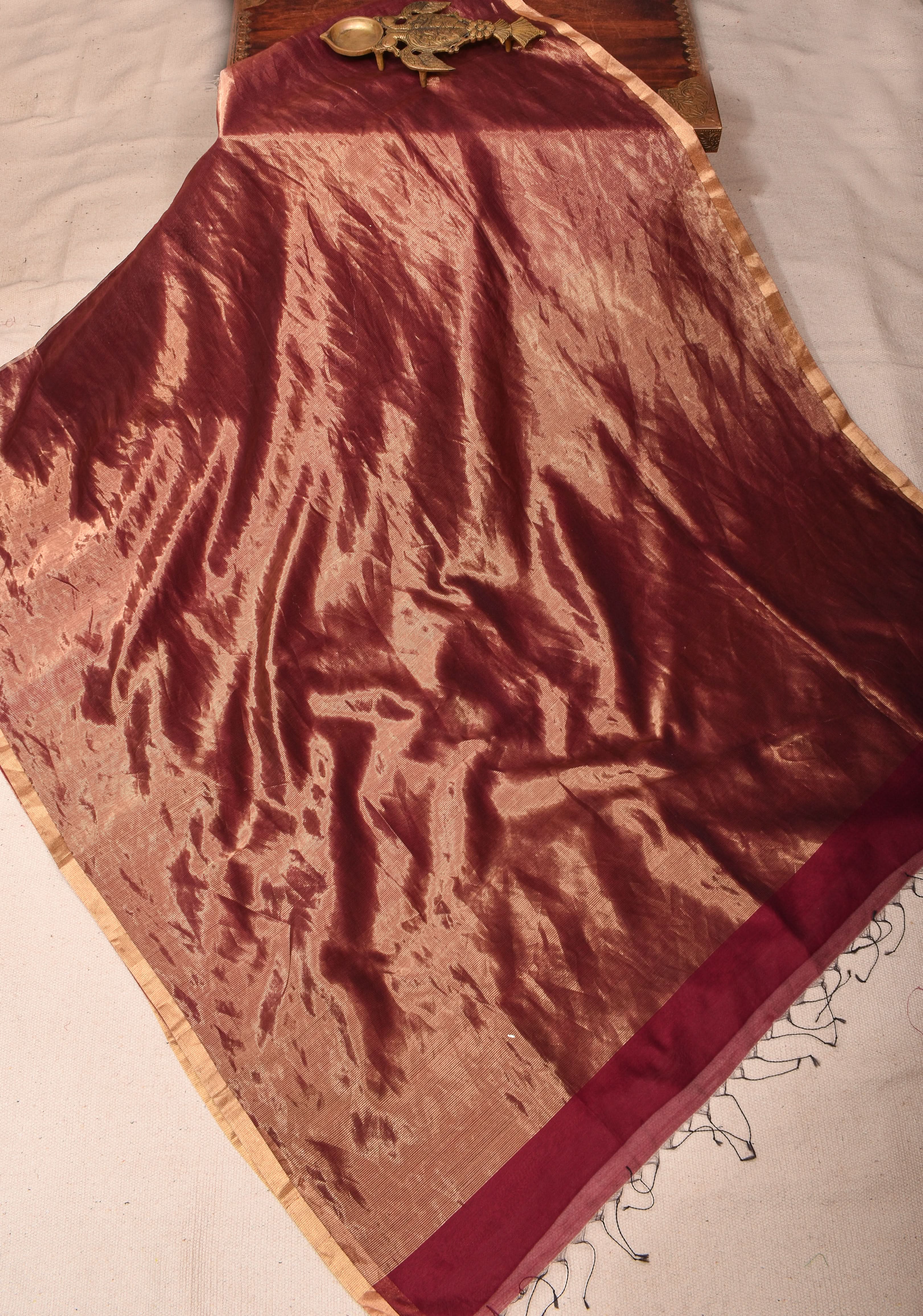 Exquisite Half and Half Maroon and Zari Tissue Maheshwari Silk Cotton Saree | Shobitam