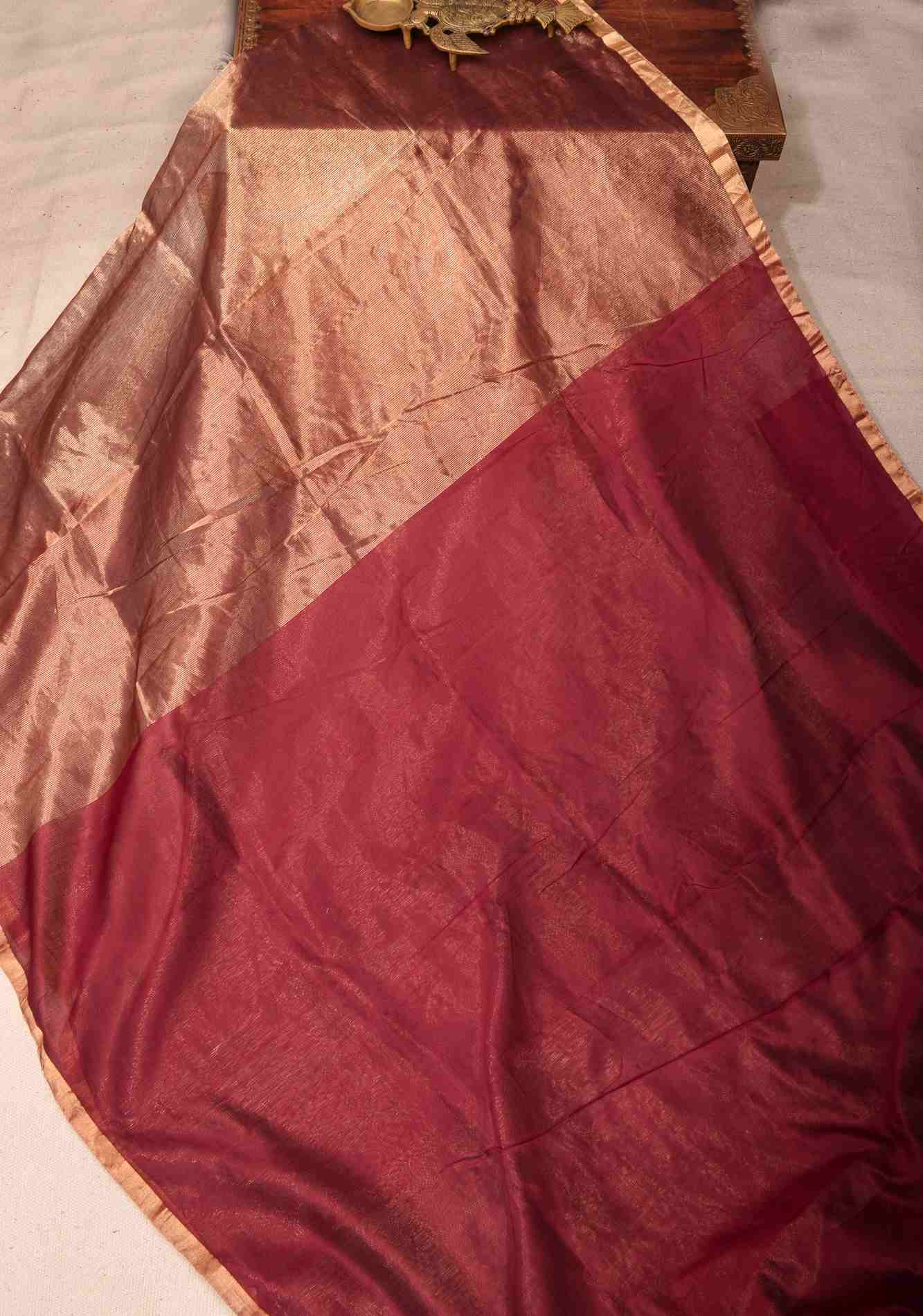 Pre drape Exquisite Half and Half Maroon and Zari Tissue Maheshwari Silk Cotton Saree