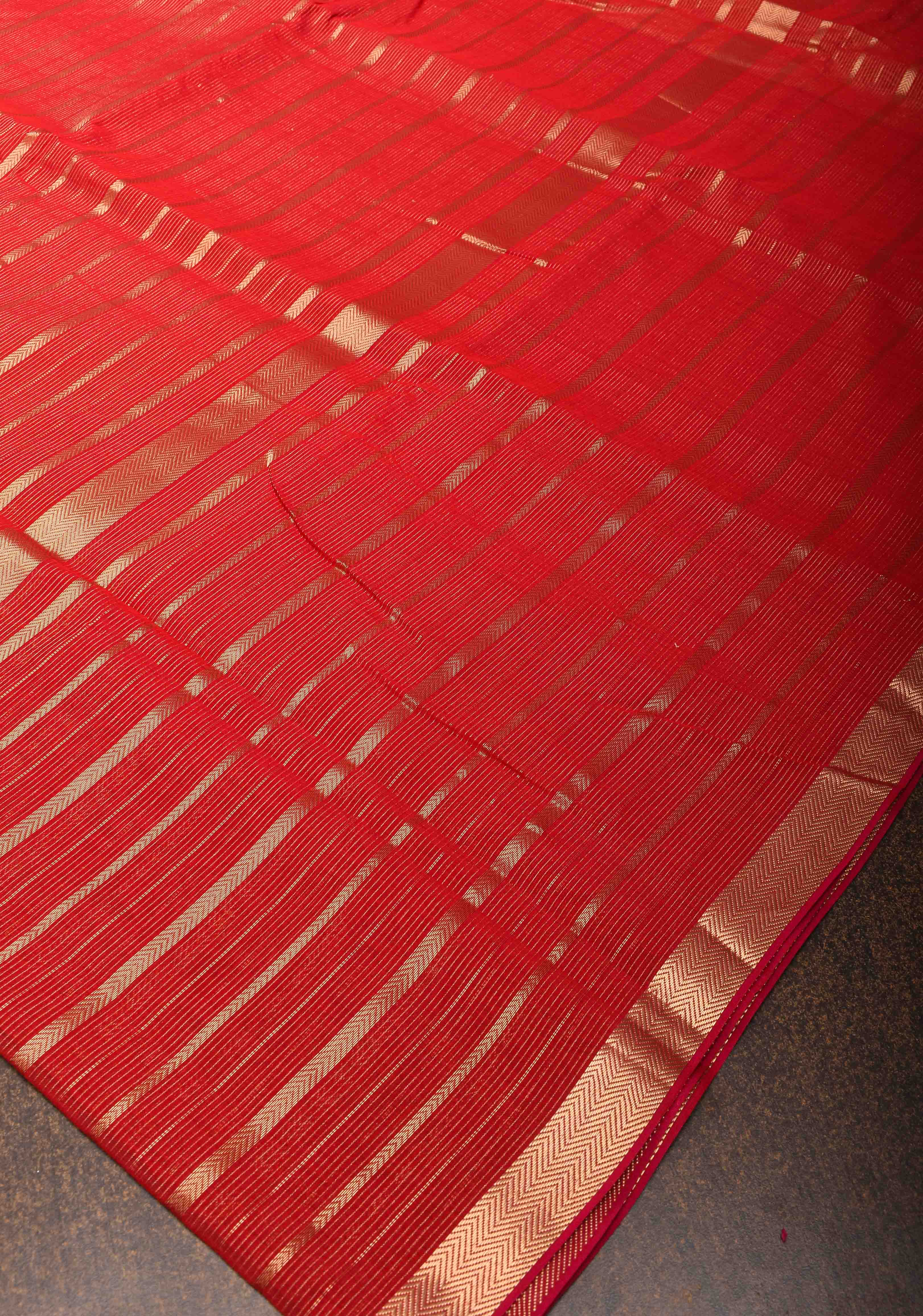Dark Red Handwoven Maheshwari Silk Cotton Saree with Horizontal Stripes and zari border