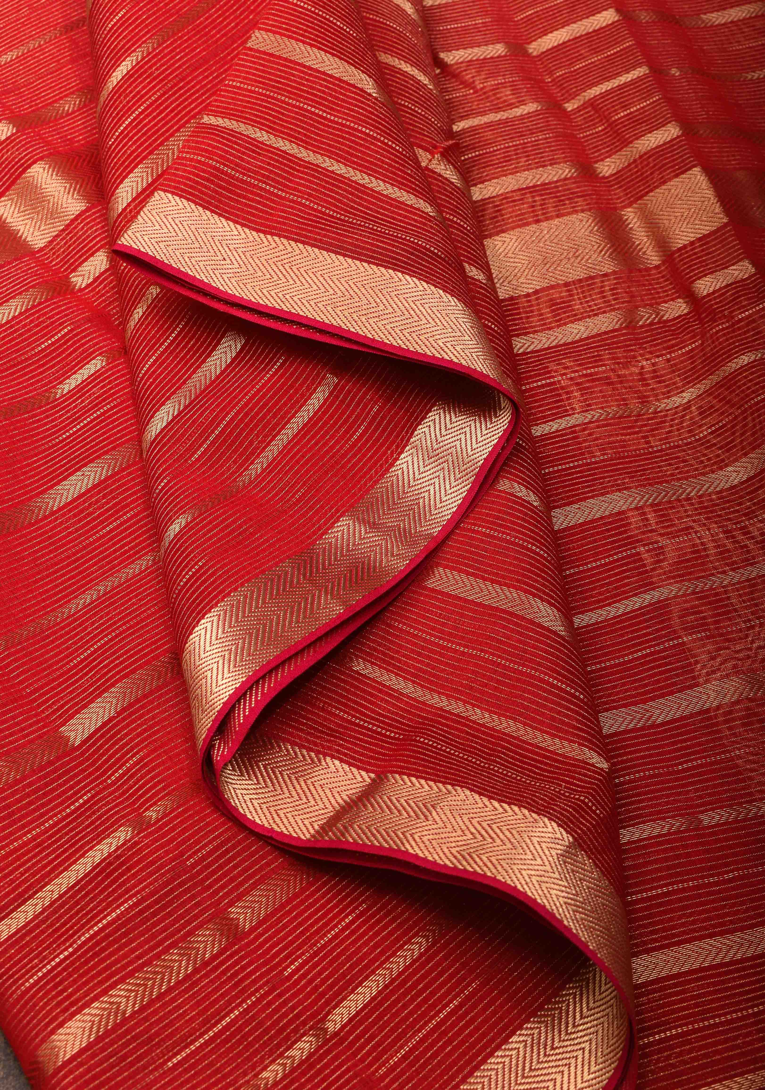 Dark Red Handwoven Maheshwari Silk Cotton Saree with Horizontal Stripes and zari border