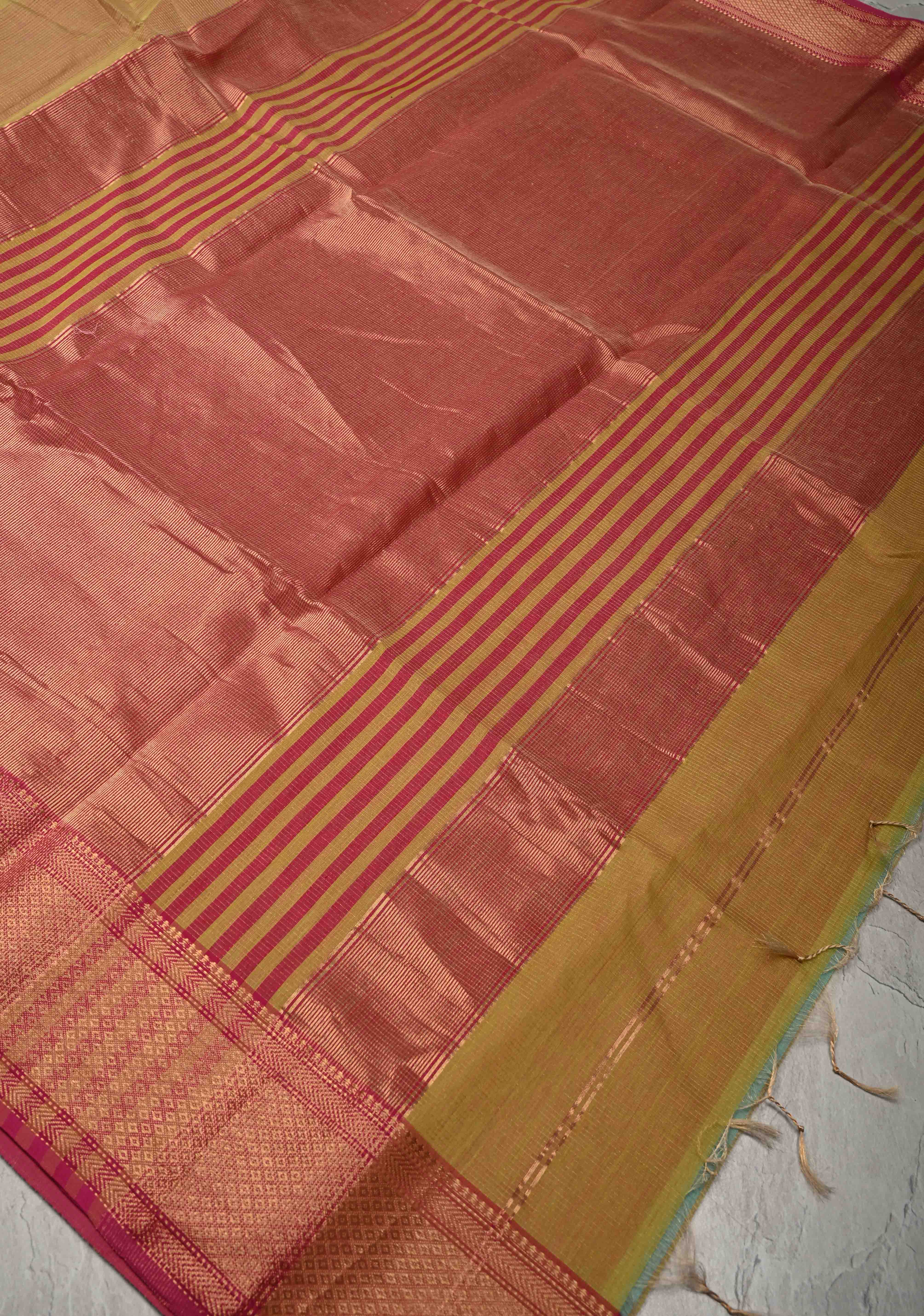 Yellow Handwoven Maheshwari Silk Cotton Saree with Tissue Checks and Contrast Zari Border | Shobitam