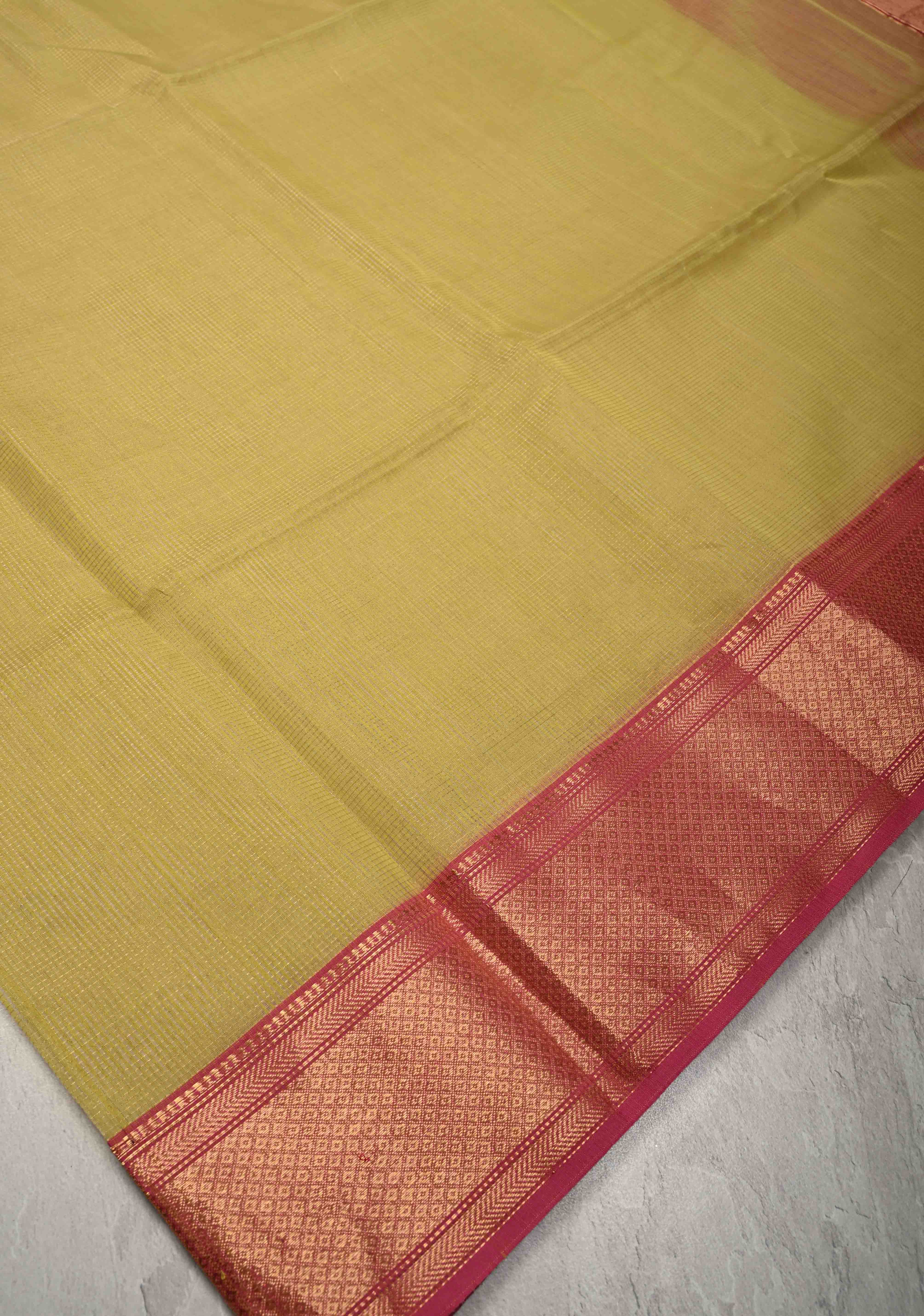 Yellow Handwoven Maheshwari Silk Cotton Saree with Tissue Checks and Contrast Zari Border | Shobitam