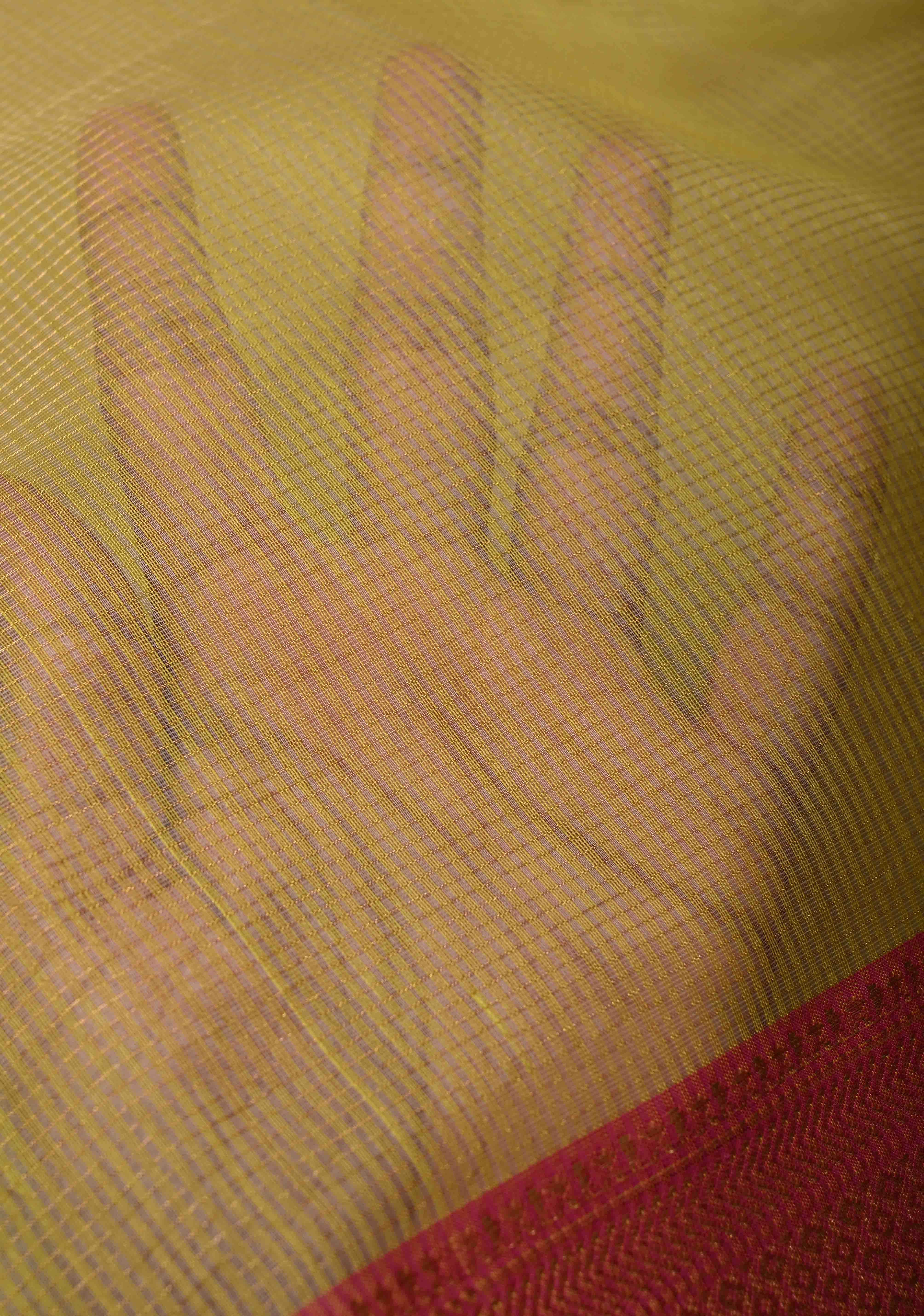 Yellow Handwoven Maheshwari Silk Cotton Saree with Tissue Checks and Contrast Zari Border | Shobitam