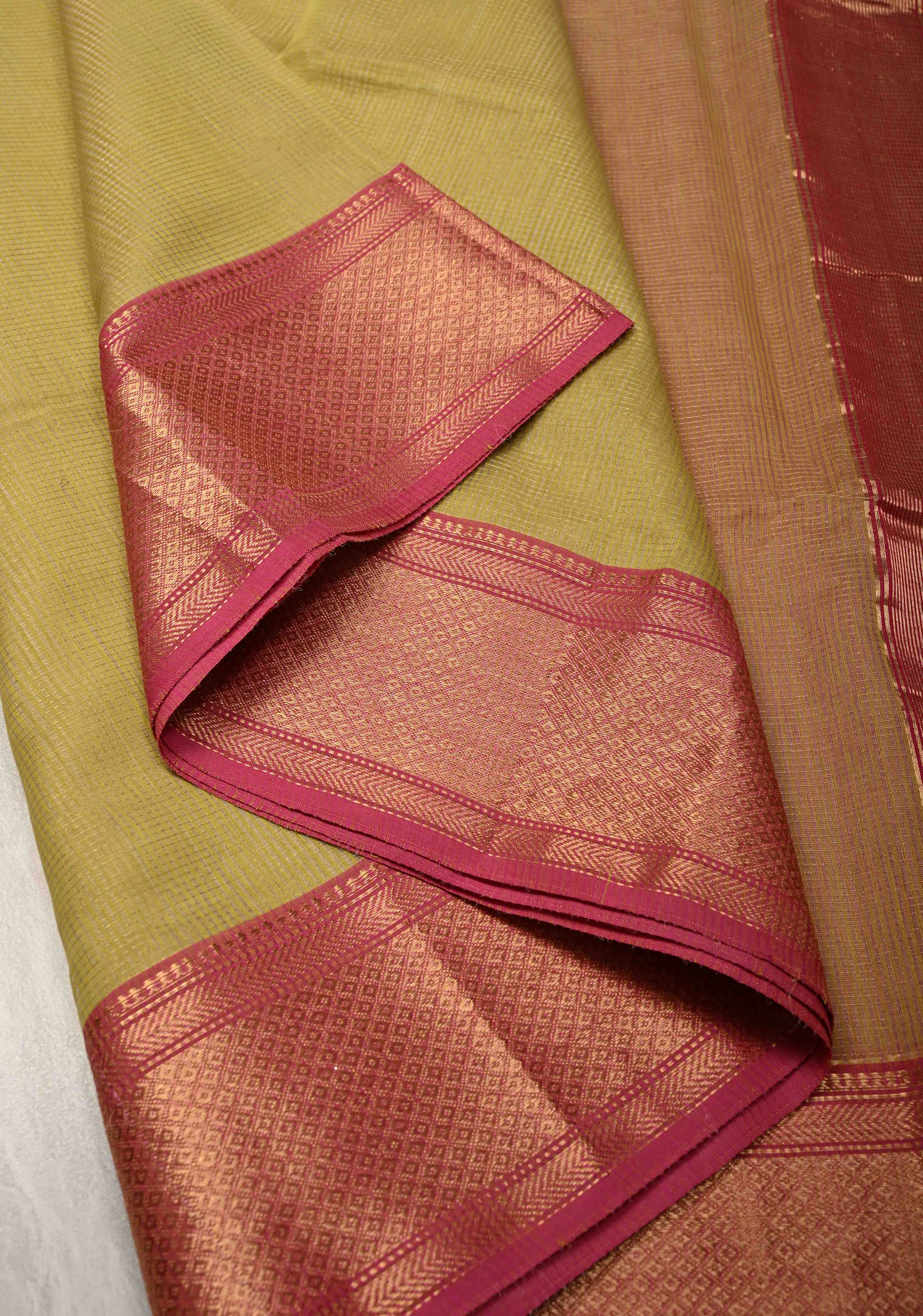 Yellow Handwoven Maheshwari Silk Cotton Saree with Tissue Checks and Contrast Zari Border | Shobitam