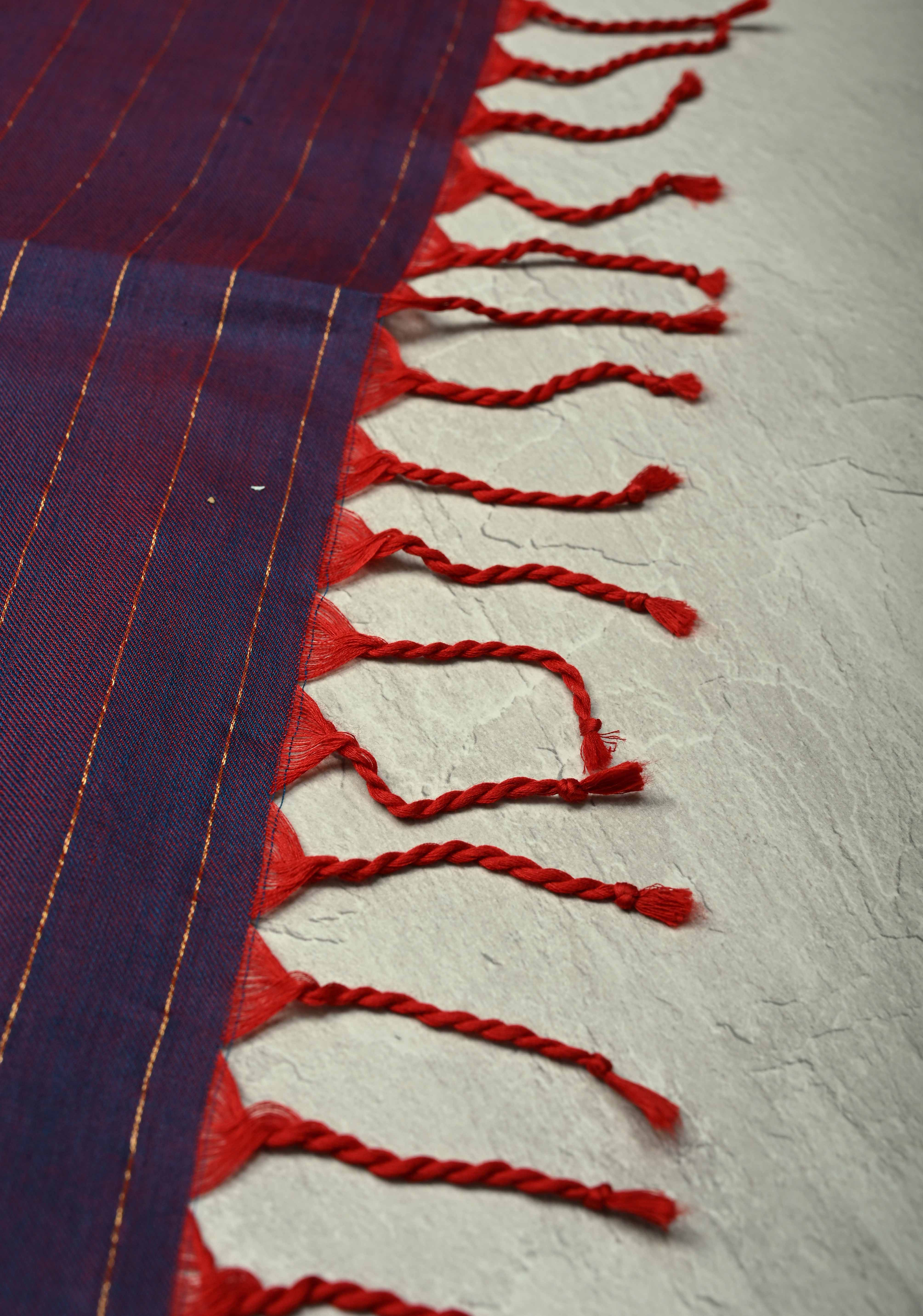 Blue-Red Reversible Maheshwari Mercerized Cotton Saree with Zari Stripes, No Blouse Piece | Shobitam