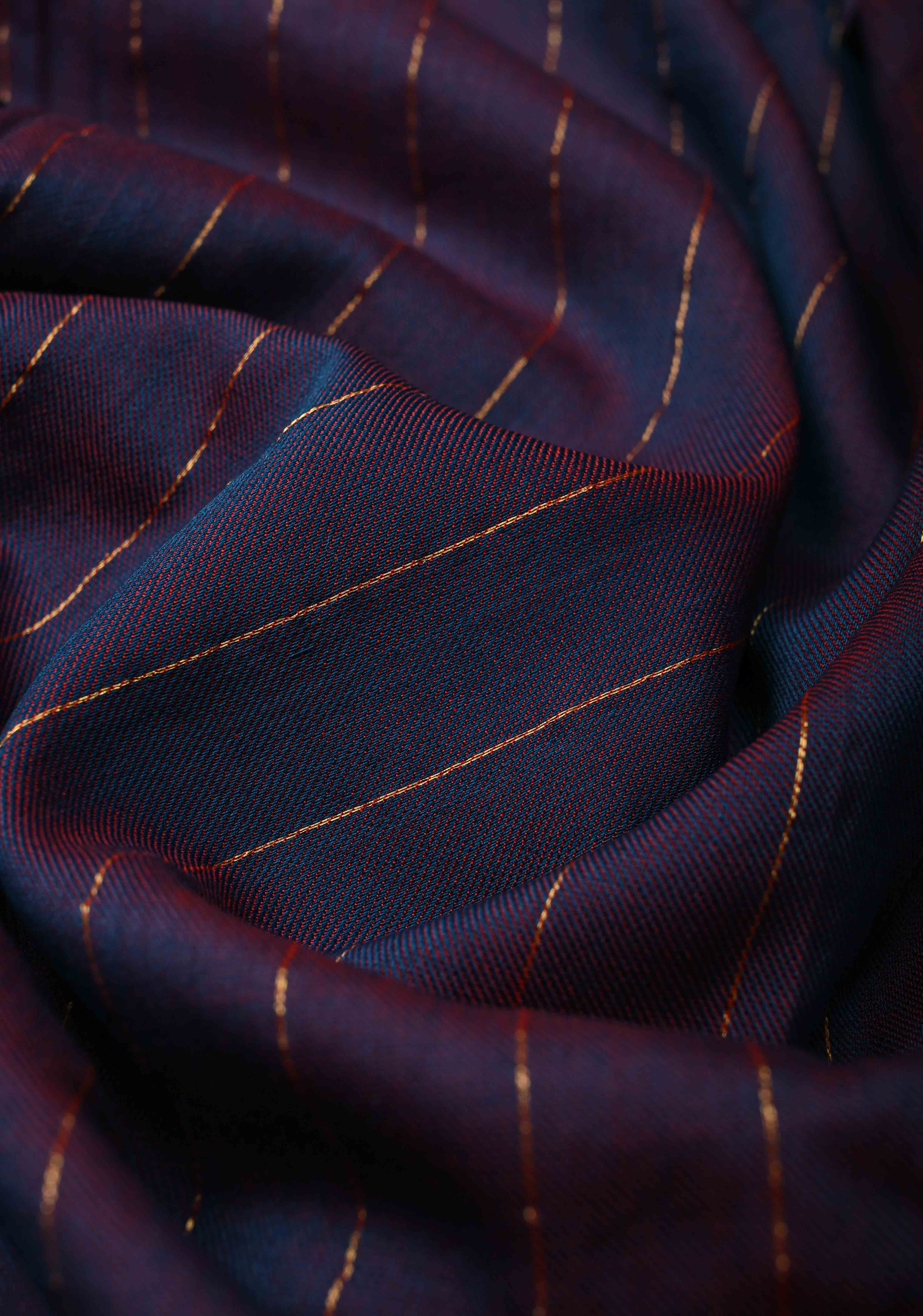 Blue-Red Reversible Maheshwari Mercerized Cotton Saree with Zari Stripes, No Blouse Piece | Shobitam
