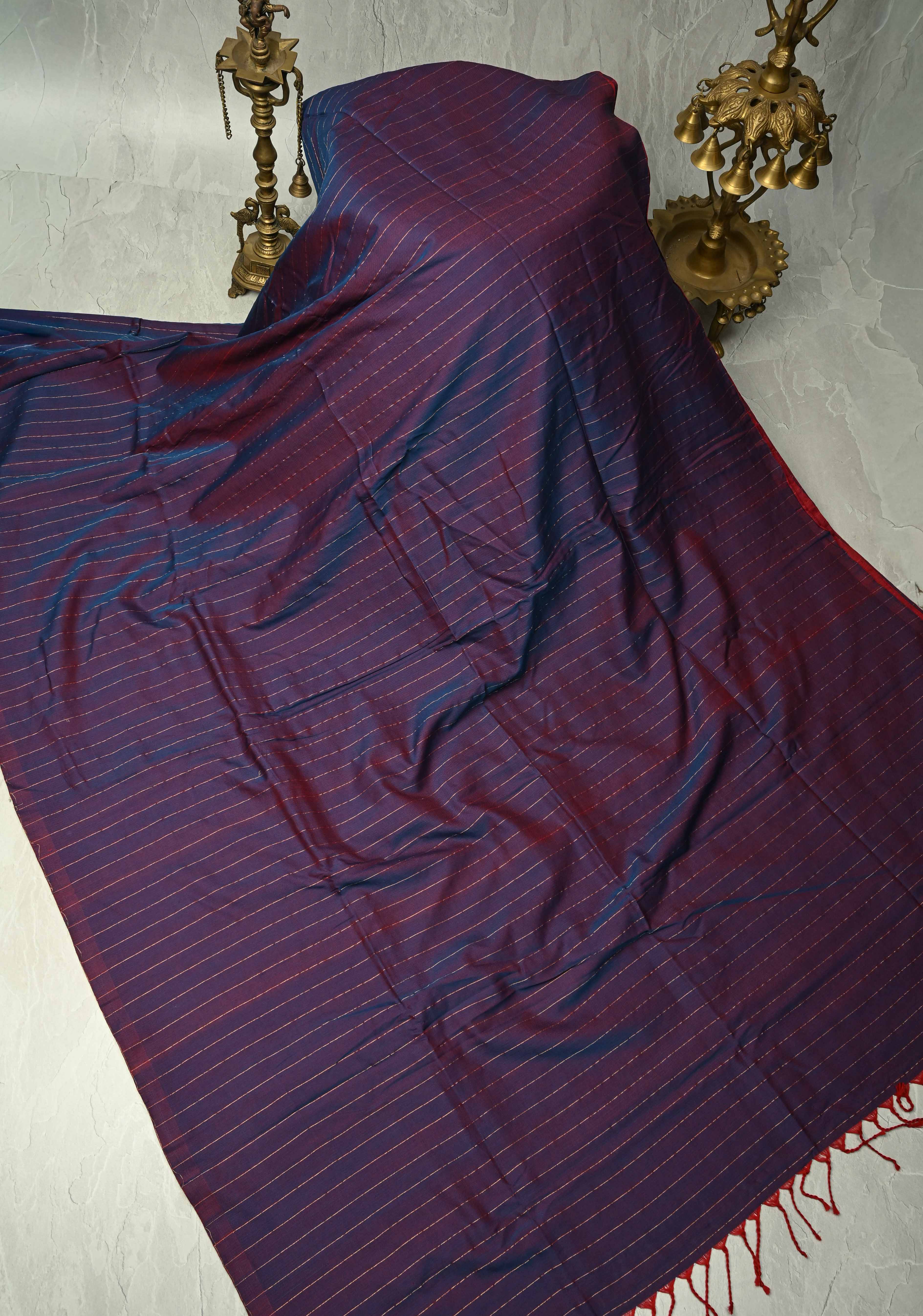 Blue-Red Reversible Maheshwari Mercerized Cotton Saree with Zari Stripes, No Blouse Piece | Shobitam