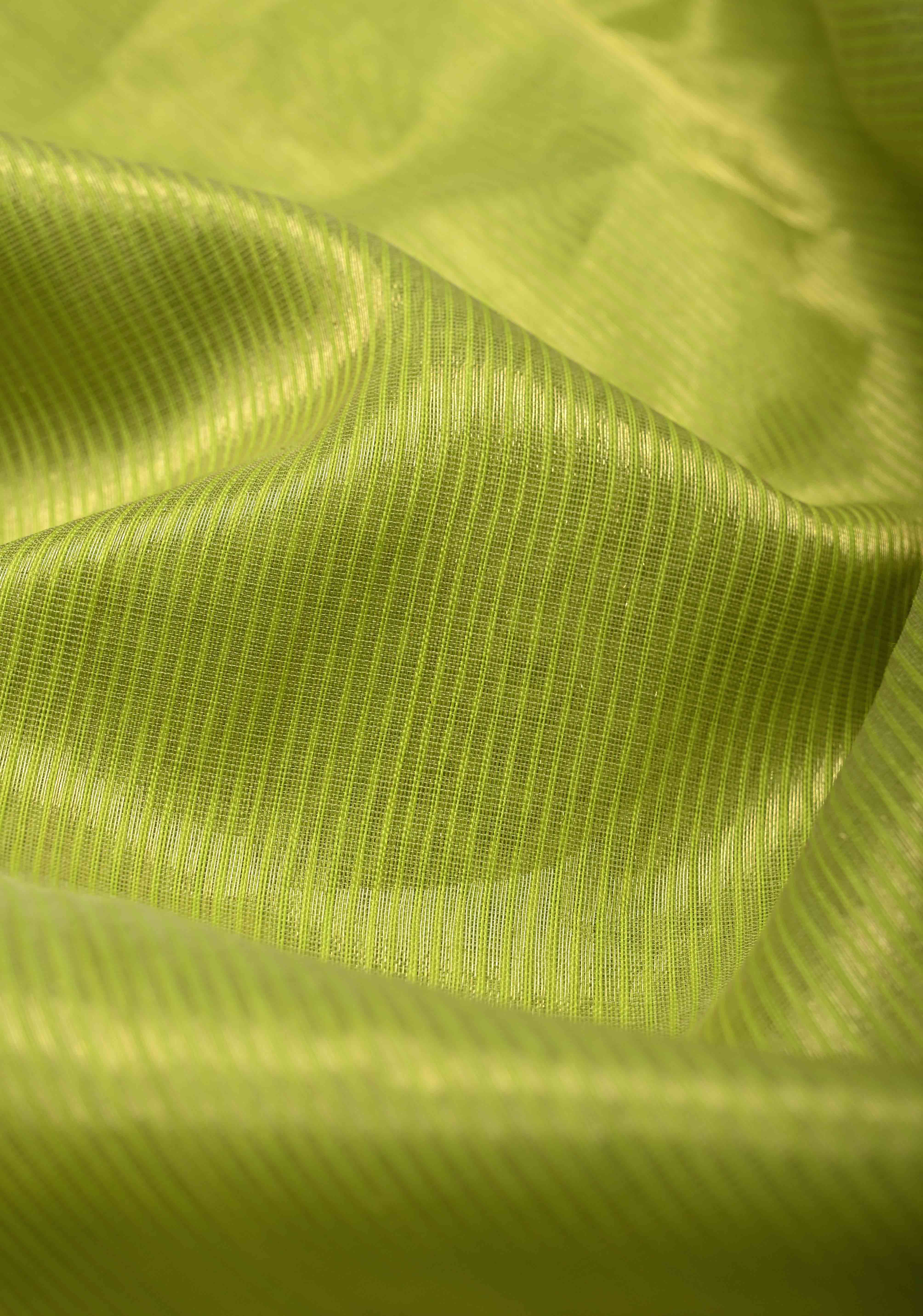 Chartreuse Half-and-Half Tissue Stripes Maheshwari Silk Cotton Saree and Minimal Zari Border | Shobitam