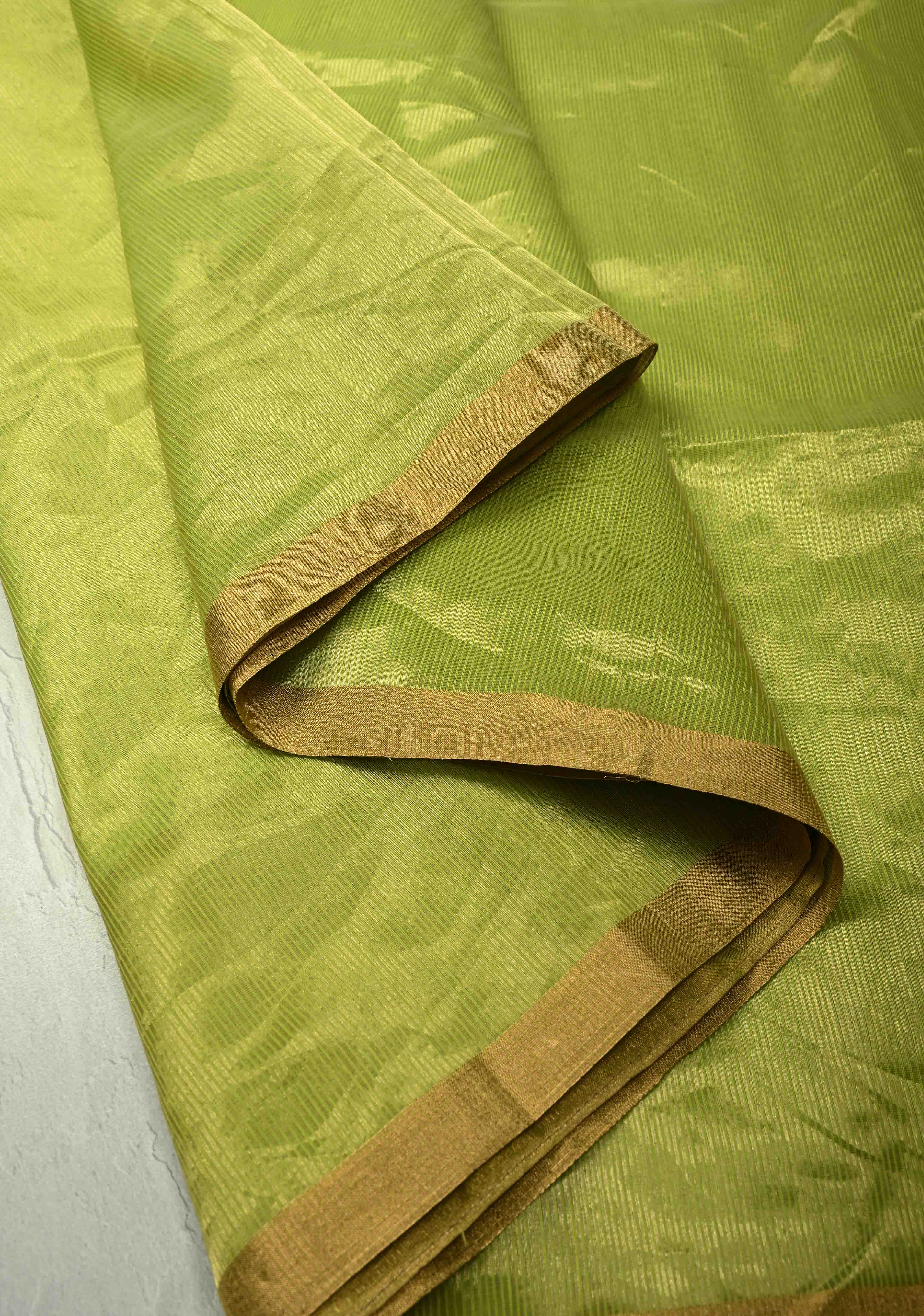 Chartreuse Half-and-Half Tissue Stripes Maheshwari Silk Cotton Saree and Minimal Zari Border | Shobitam