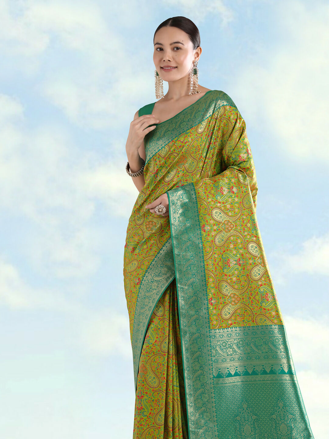 Lemon Green Banarasi Semi Silk Saree With Traditional Paisley Weaves | Shobitam
