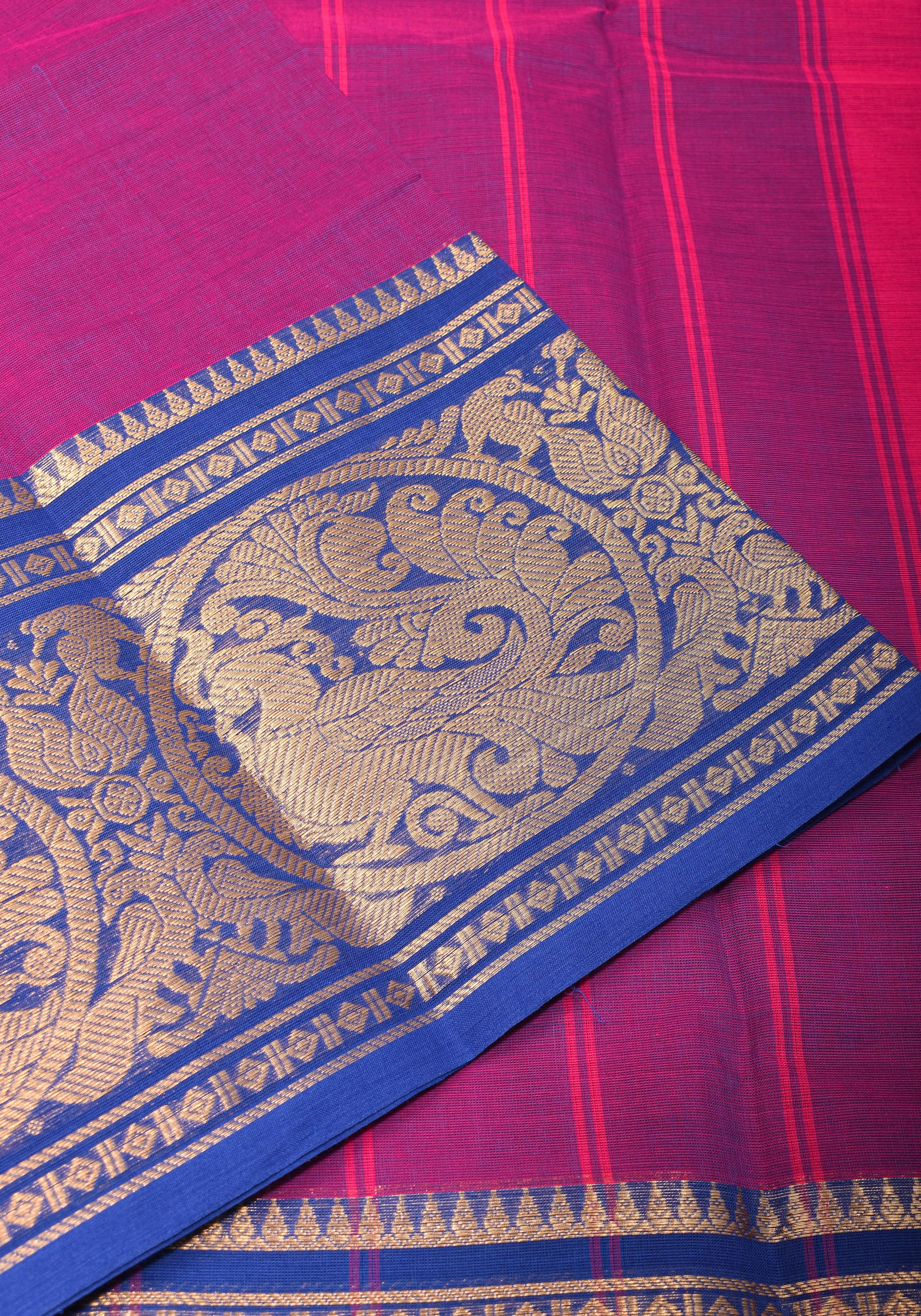 Purple-Blue Dual tone  Kanchi Cotton Saree with tradional zari borders on Blue base, No Blouse piece | Shobitam