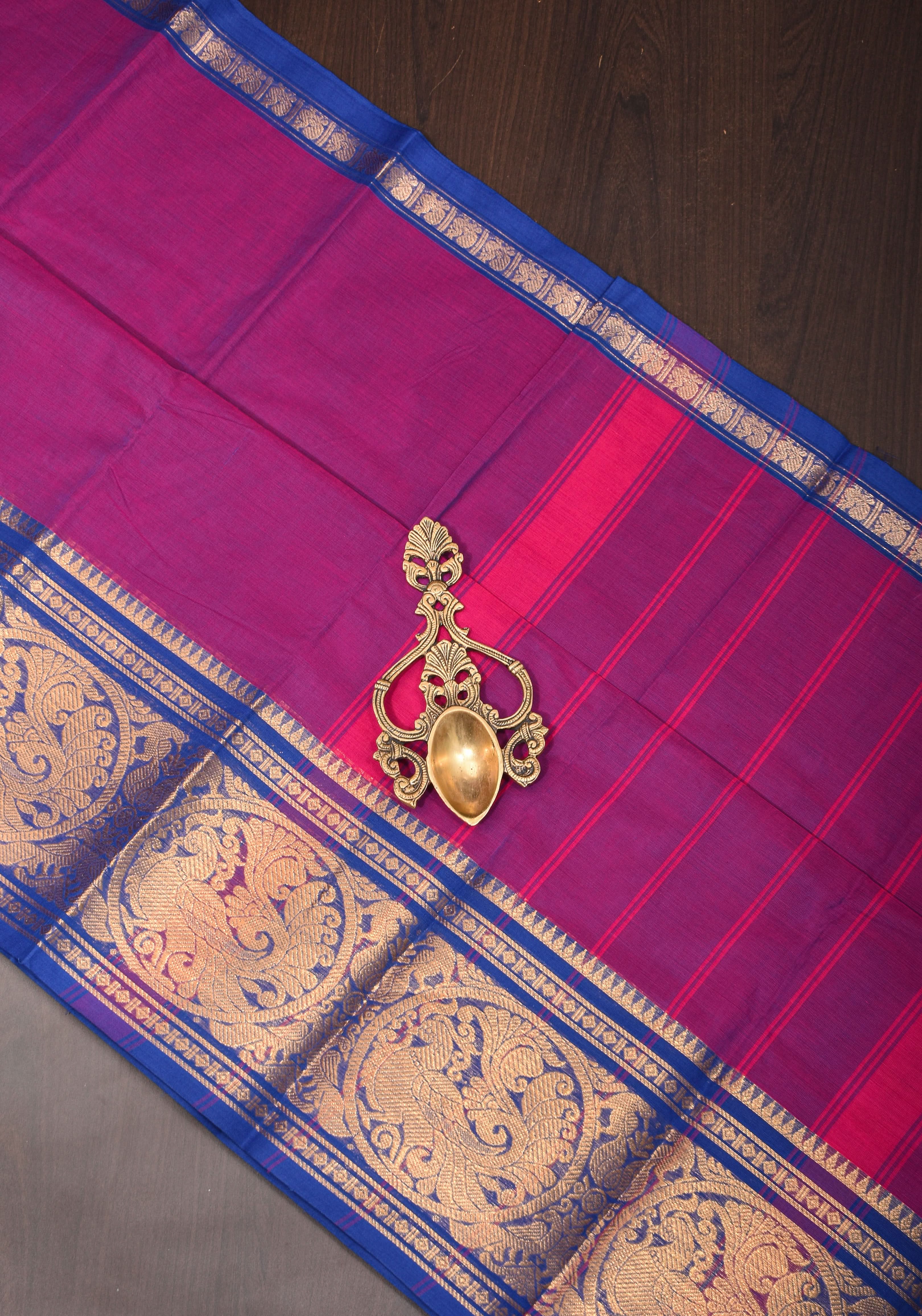 Purple-Blue Dual tone  Kanchi Cotton Saree with tradional zari borders on Blue base, No Blouse piece | Shobitam