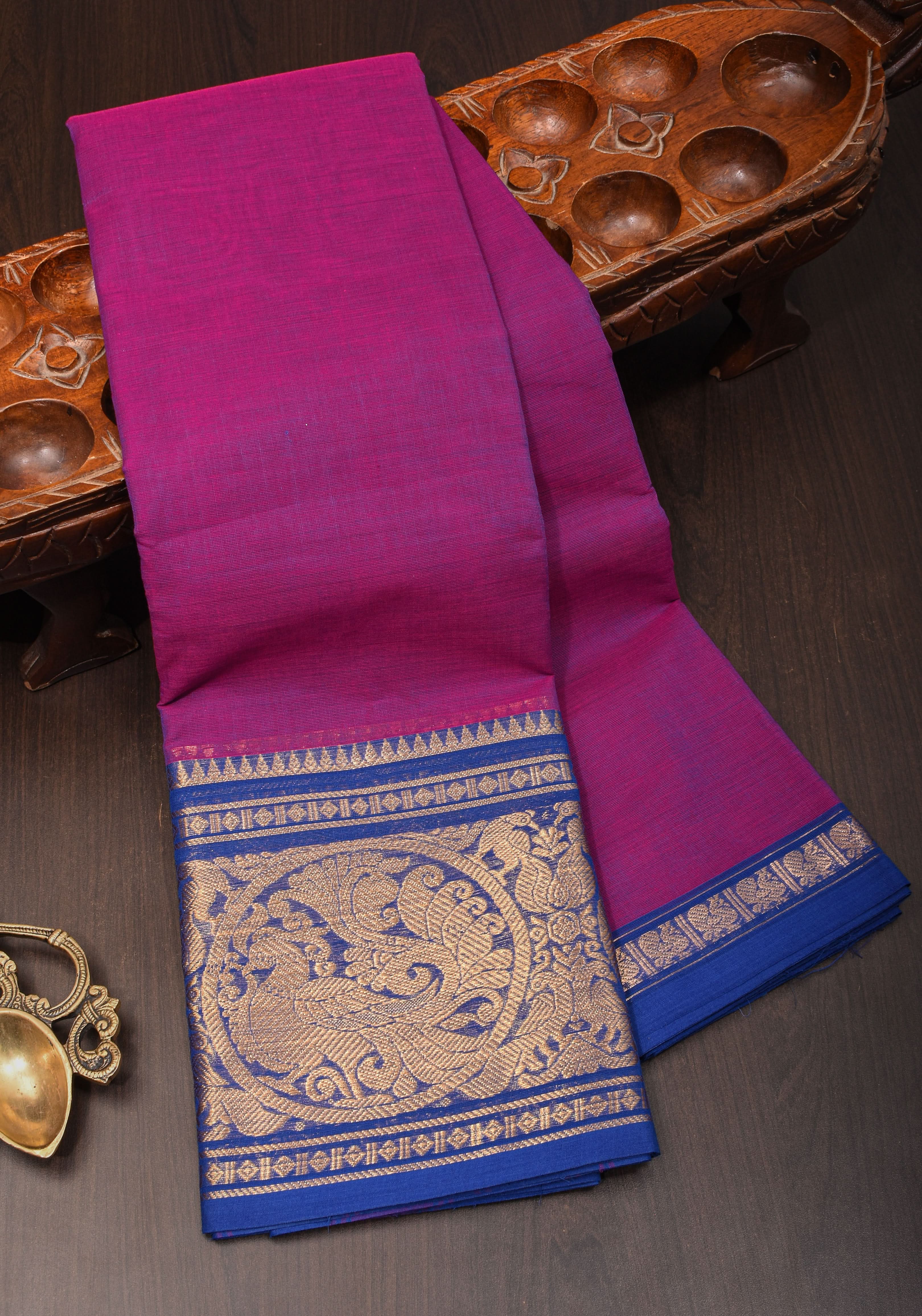Purple-Blue Dual tone  Kanchi Cotton Saree with tradional zari borders on Blue base, No Blouse piece