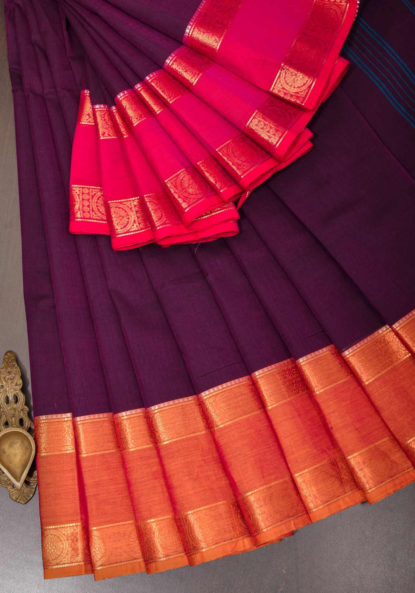 Eggplant Kanchi Cotton Saree with Ganga Jamuna zari border