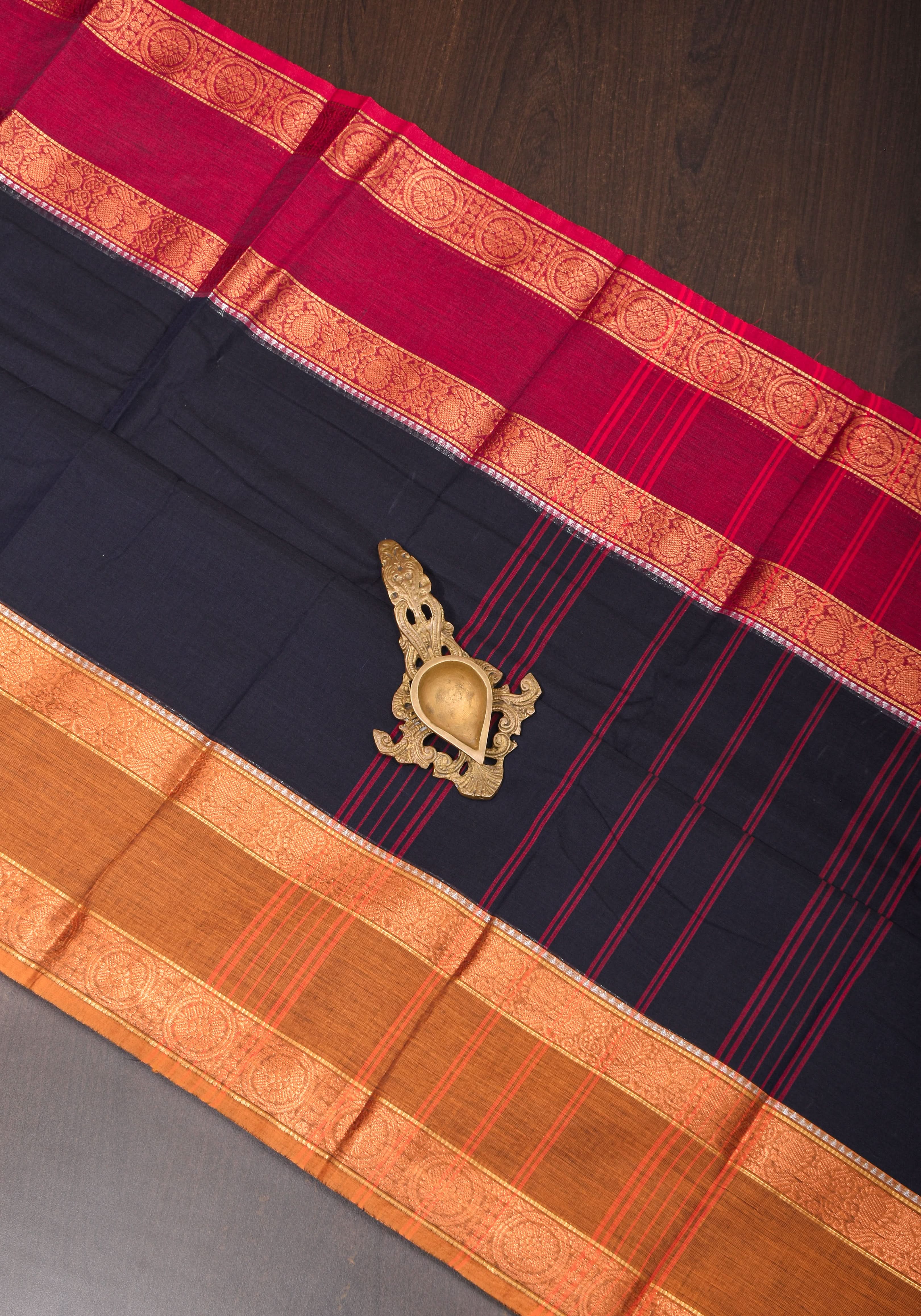 Blue Black  Kanchi Cotton Saree with Ganga Jamuna zari border | Shobitam