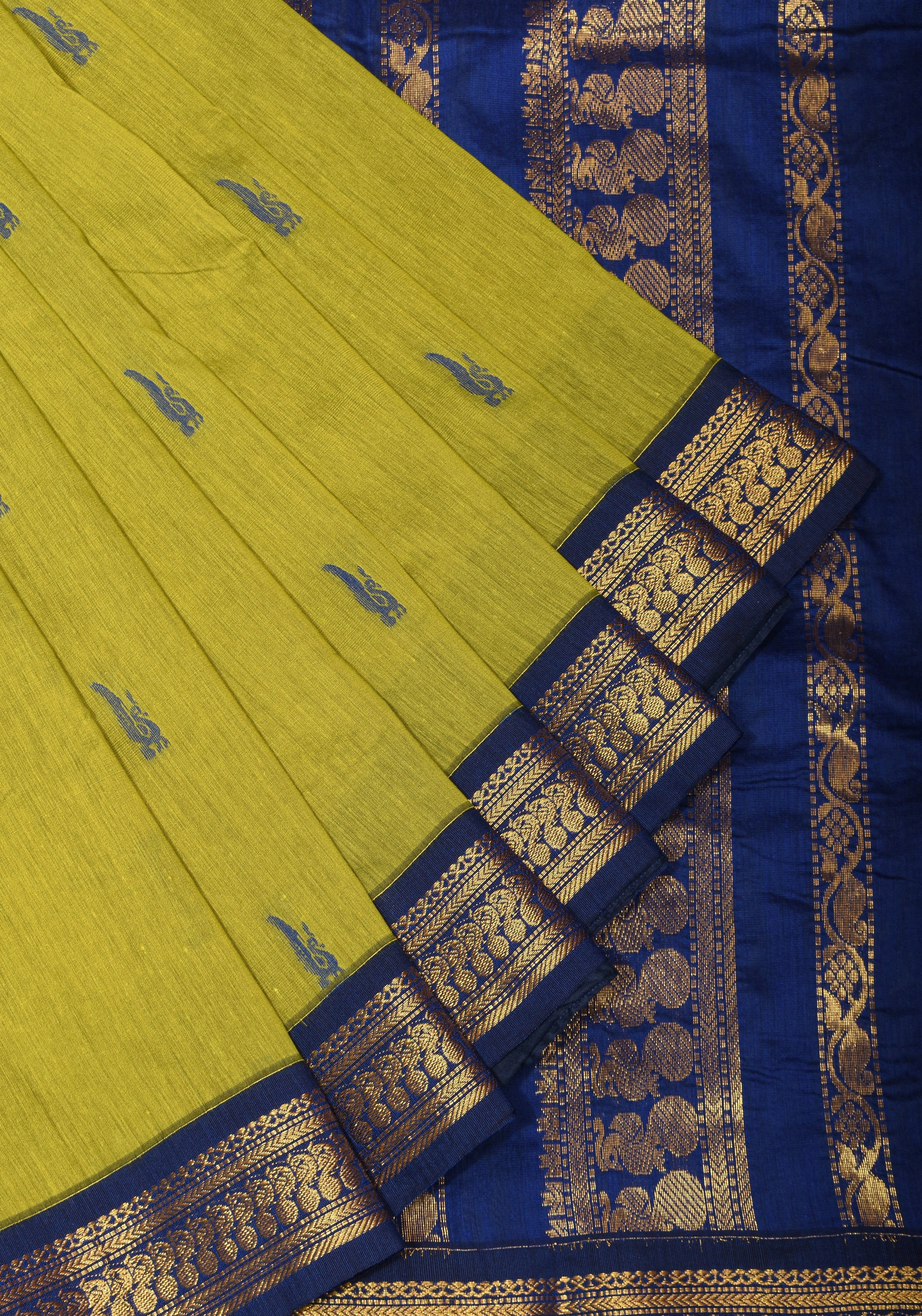 Citrine Cotton Silk Saree with Zari borders and Blue Contrast No Blouse Piece Ready To Wear Saree