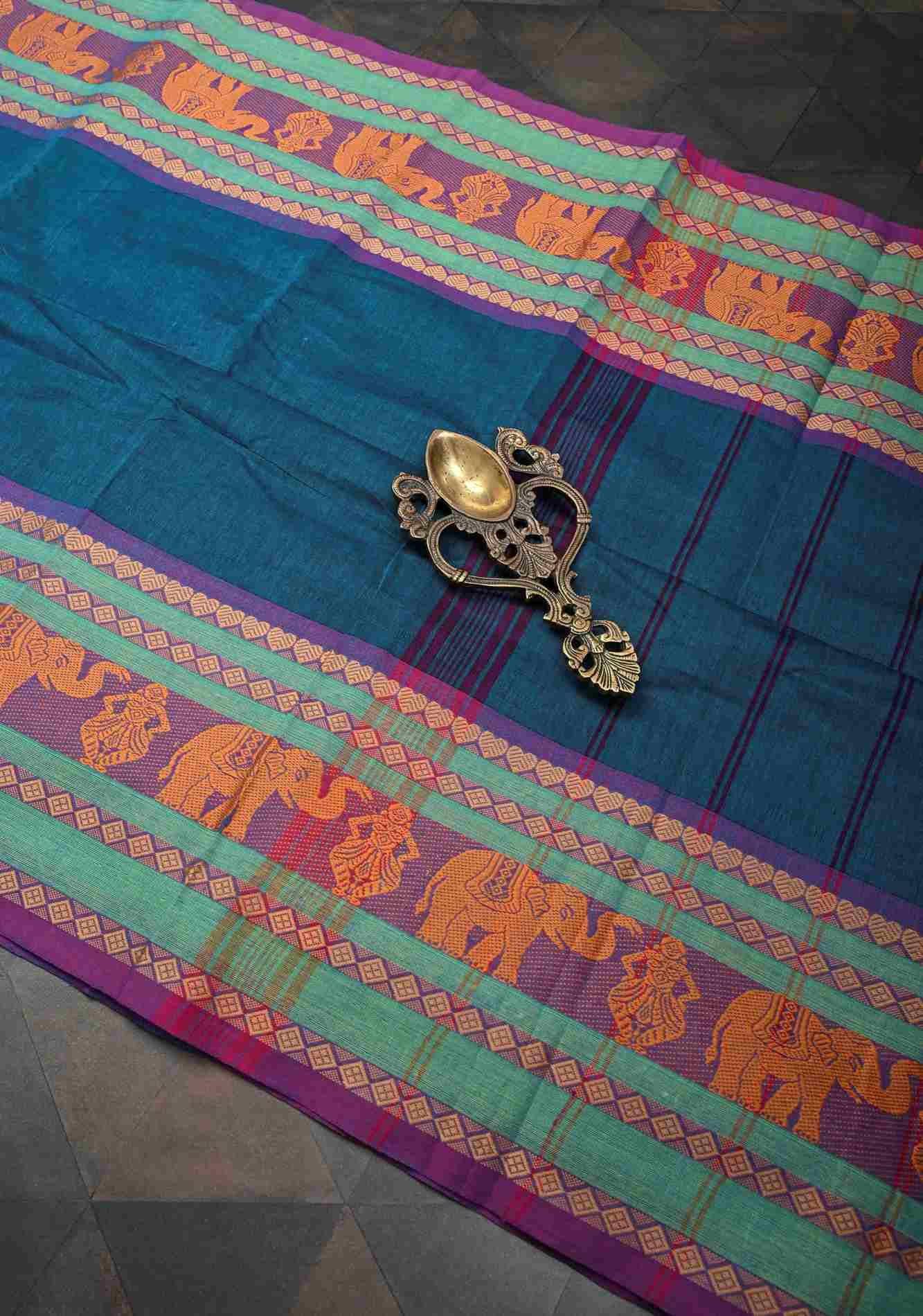 Teal Blue Kanchi Cotton Saree with Contrast Resham Border | No Blouse piece